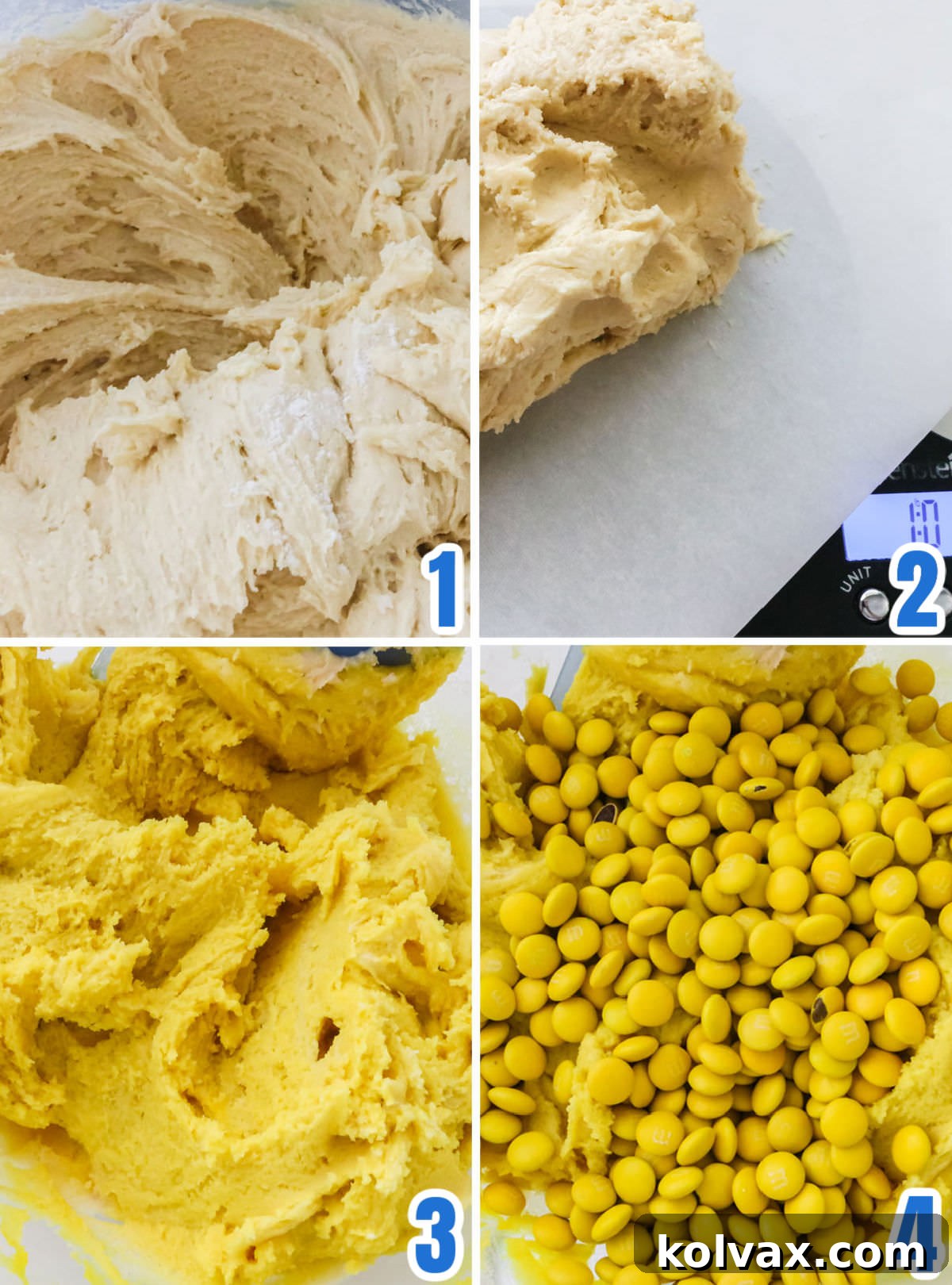 Collage image showing how to make the cookie dough and then color it yellow and add the yellow M&M's.
