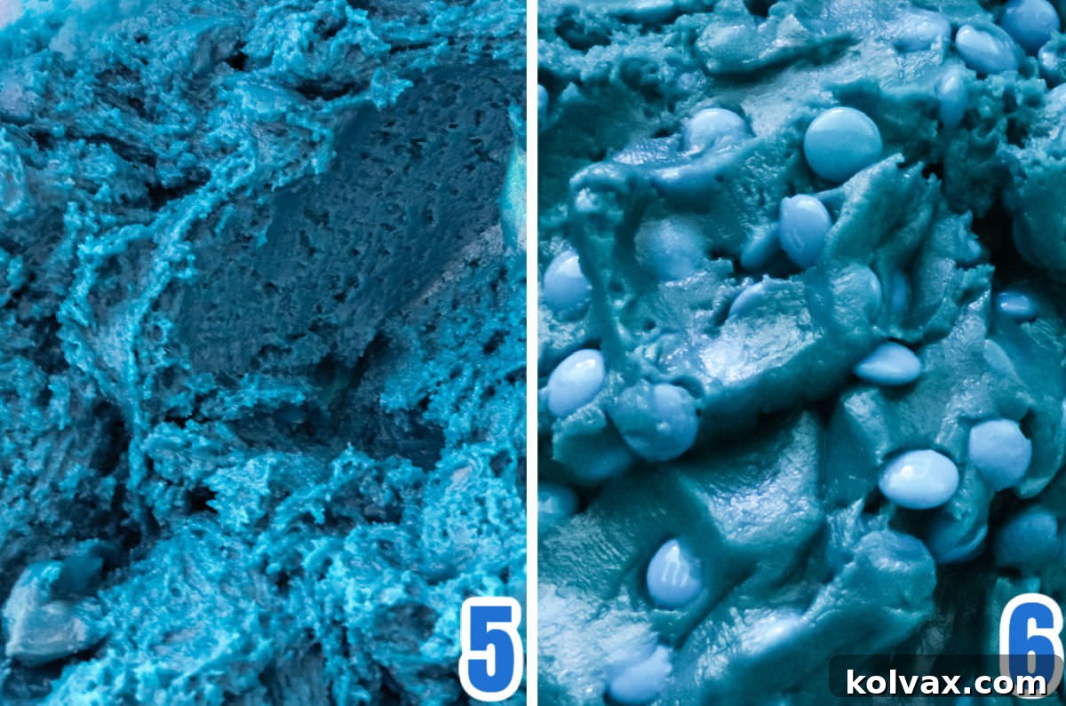 Collage image showing how to tint the cookie dough blue and add blue mini M&M's.