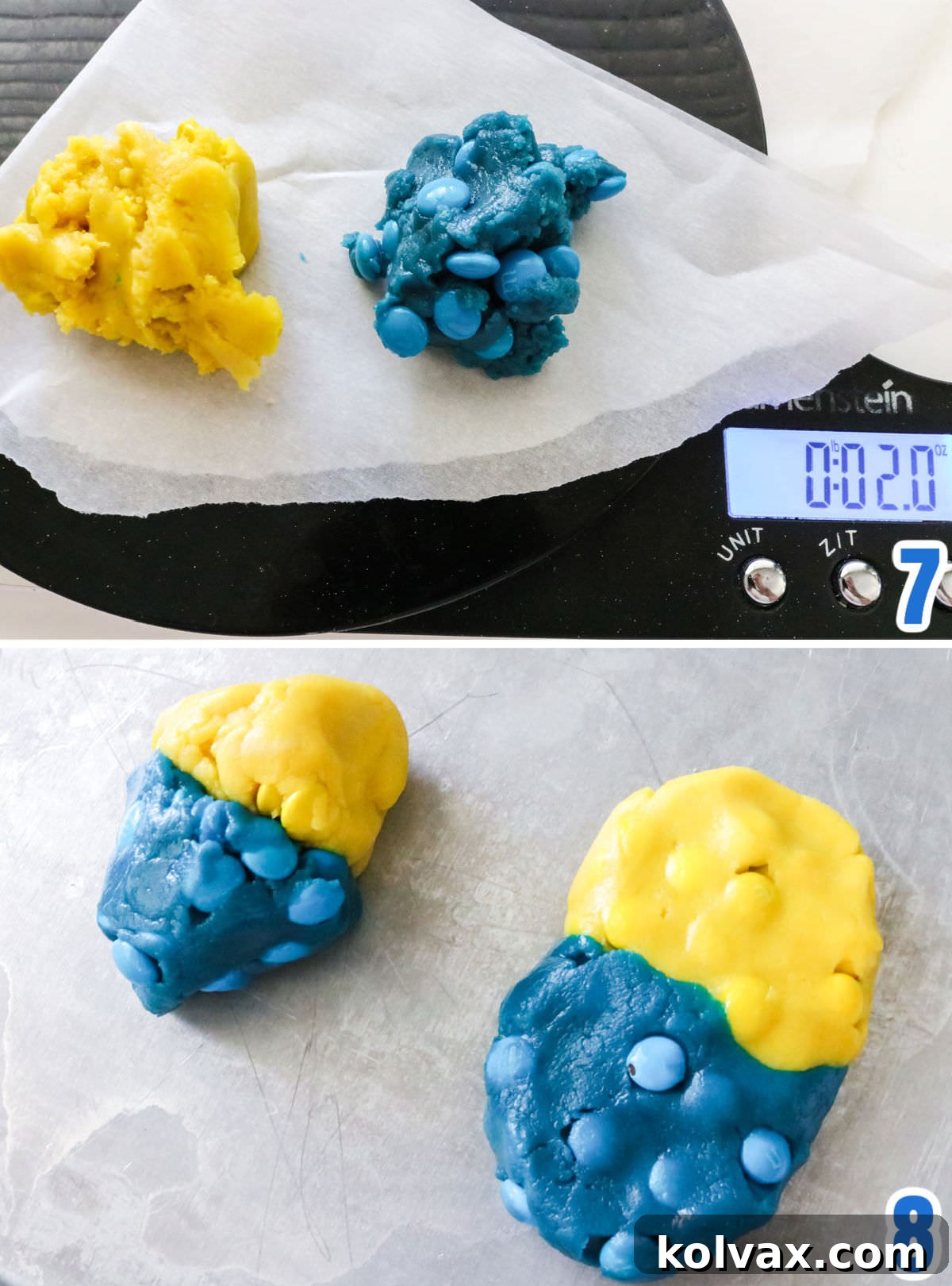 Collage image showing how to combine the yellow and blue cookie dough into Minions shapes.