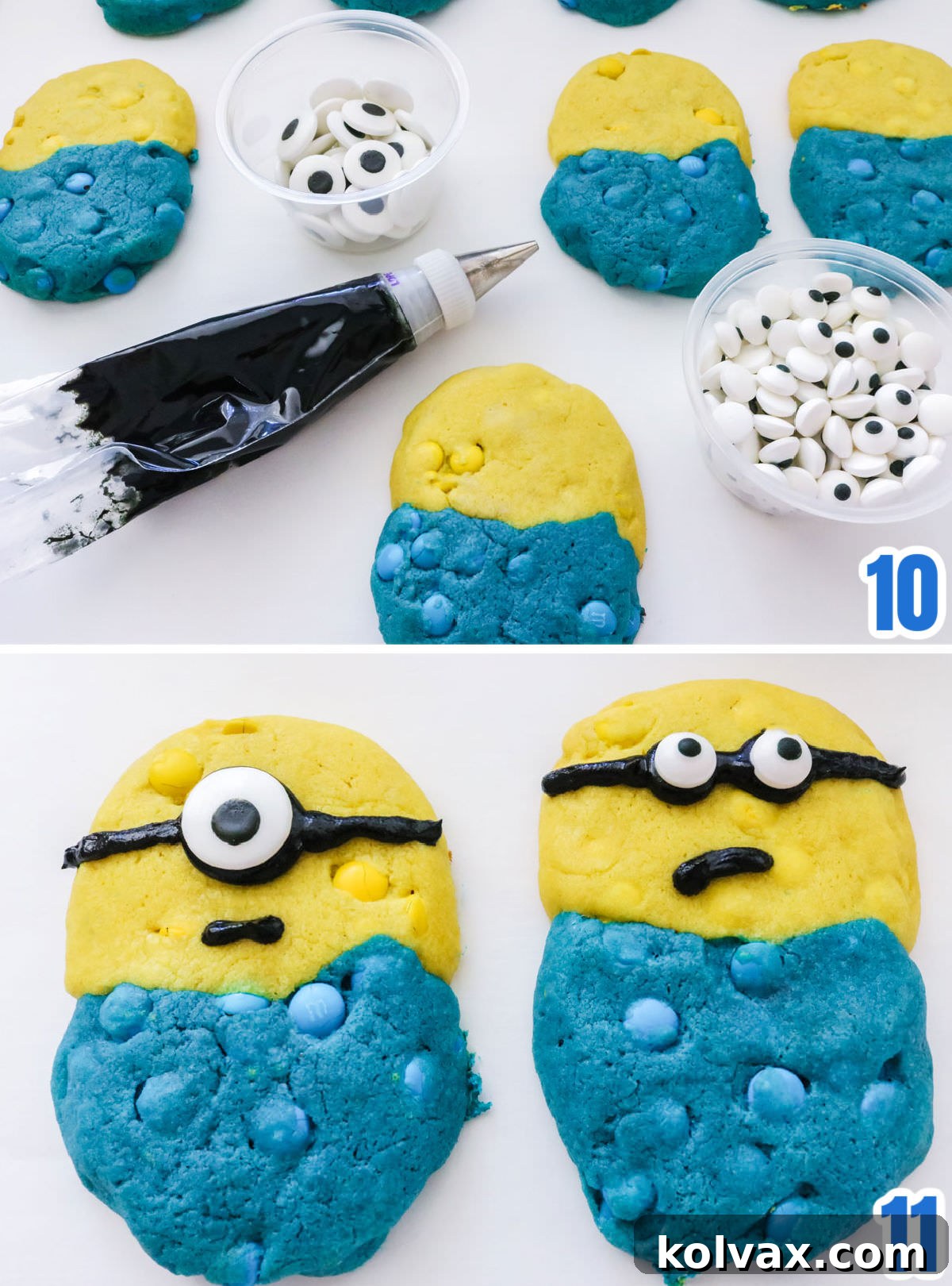 Collage image showing how to create the Minions faces on the cookies using candy monster eyes and black icing.