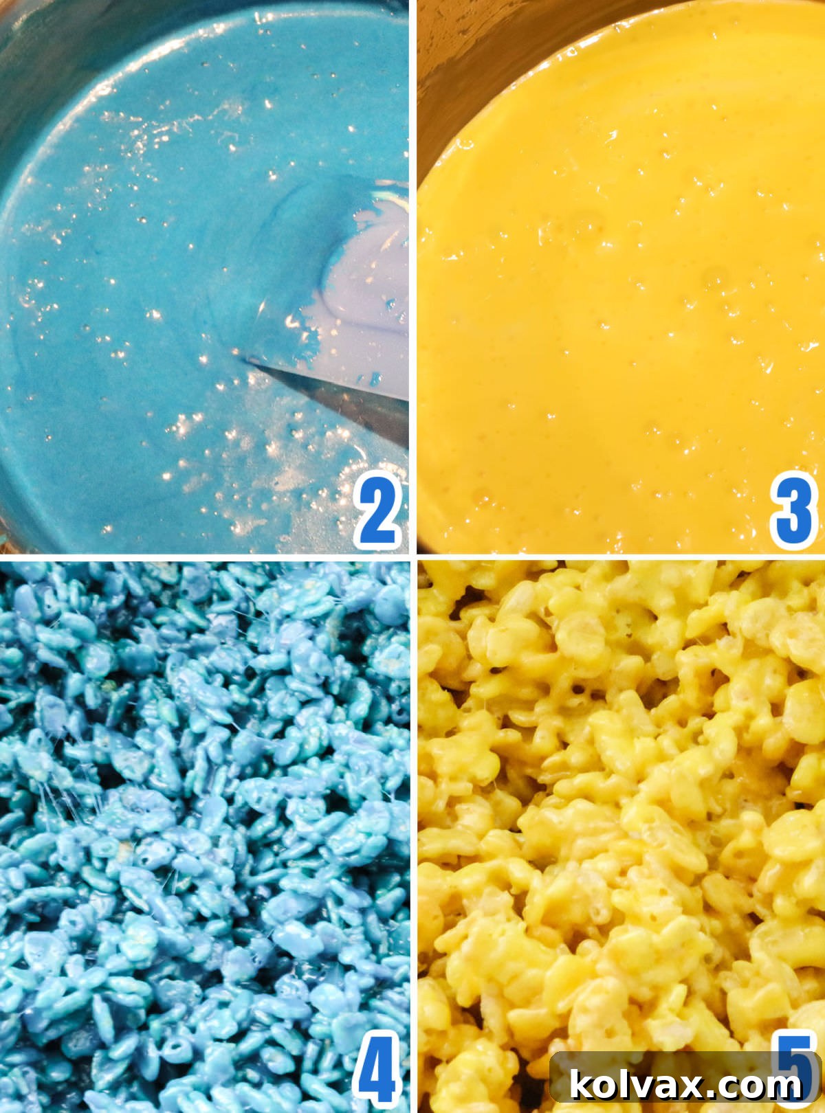 Collage image showing the process of tinting Rice Krispie Treat mixture blue and yellow.