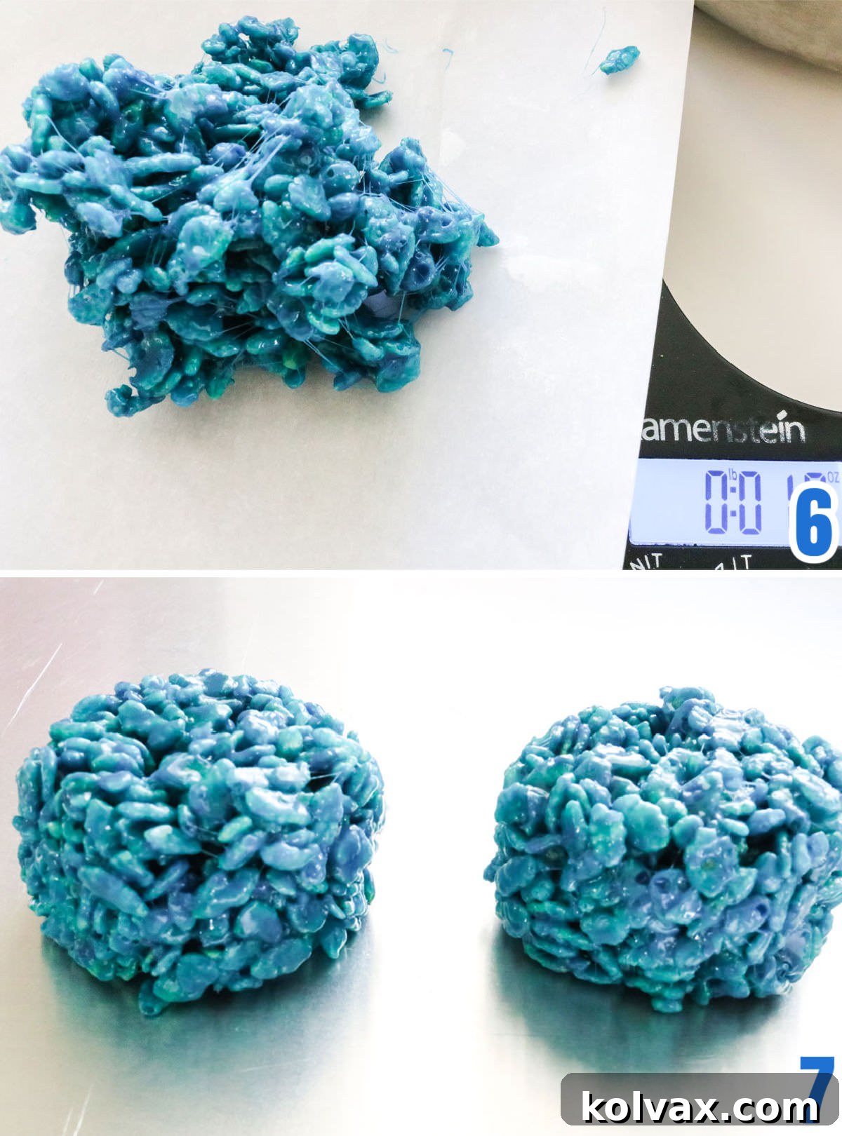 Collage image demonstrating how to form the blue base for the Minions Rice Krispie Treats.