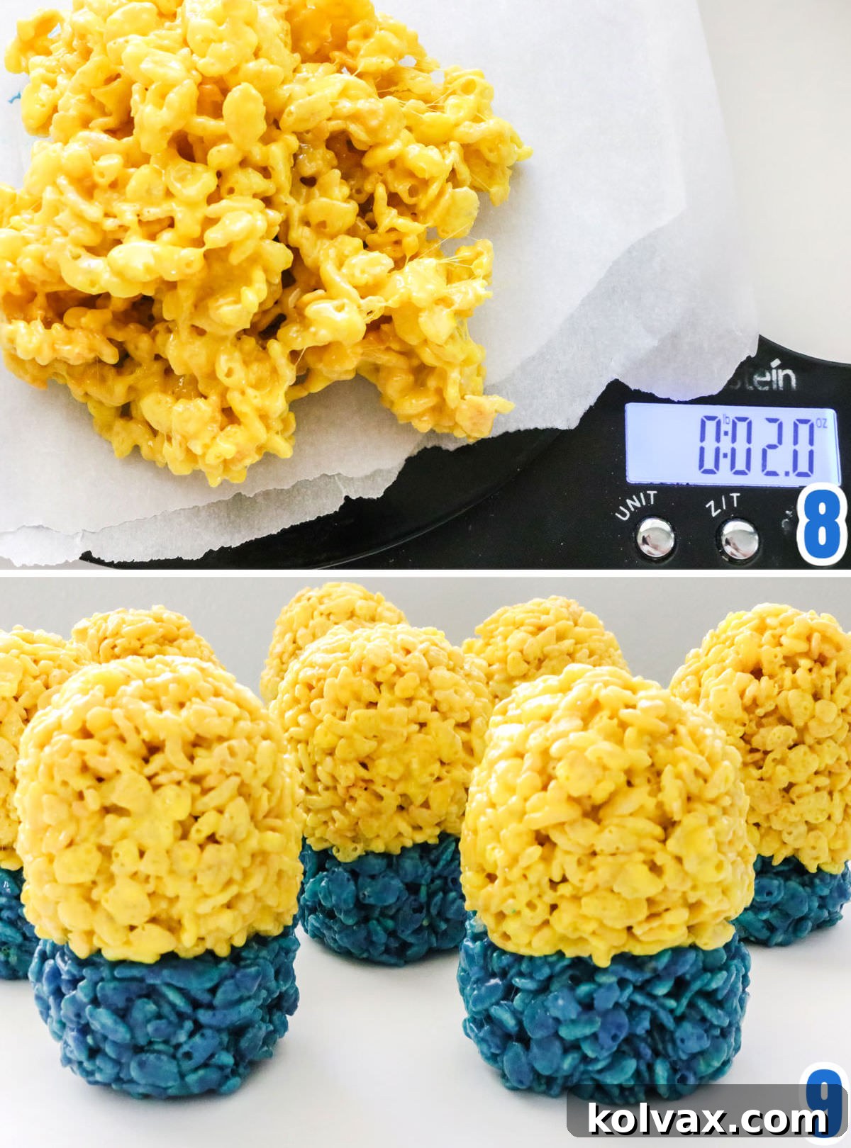 Collage image showing how to attach the yellow body to the blue overalls of a Minion Rice Krispie Treat.