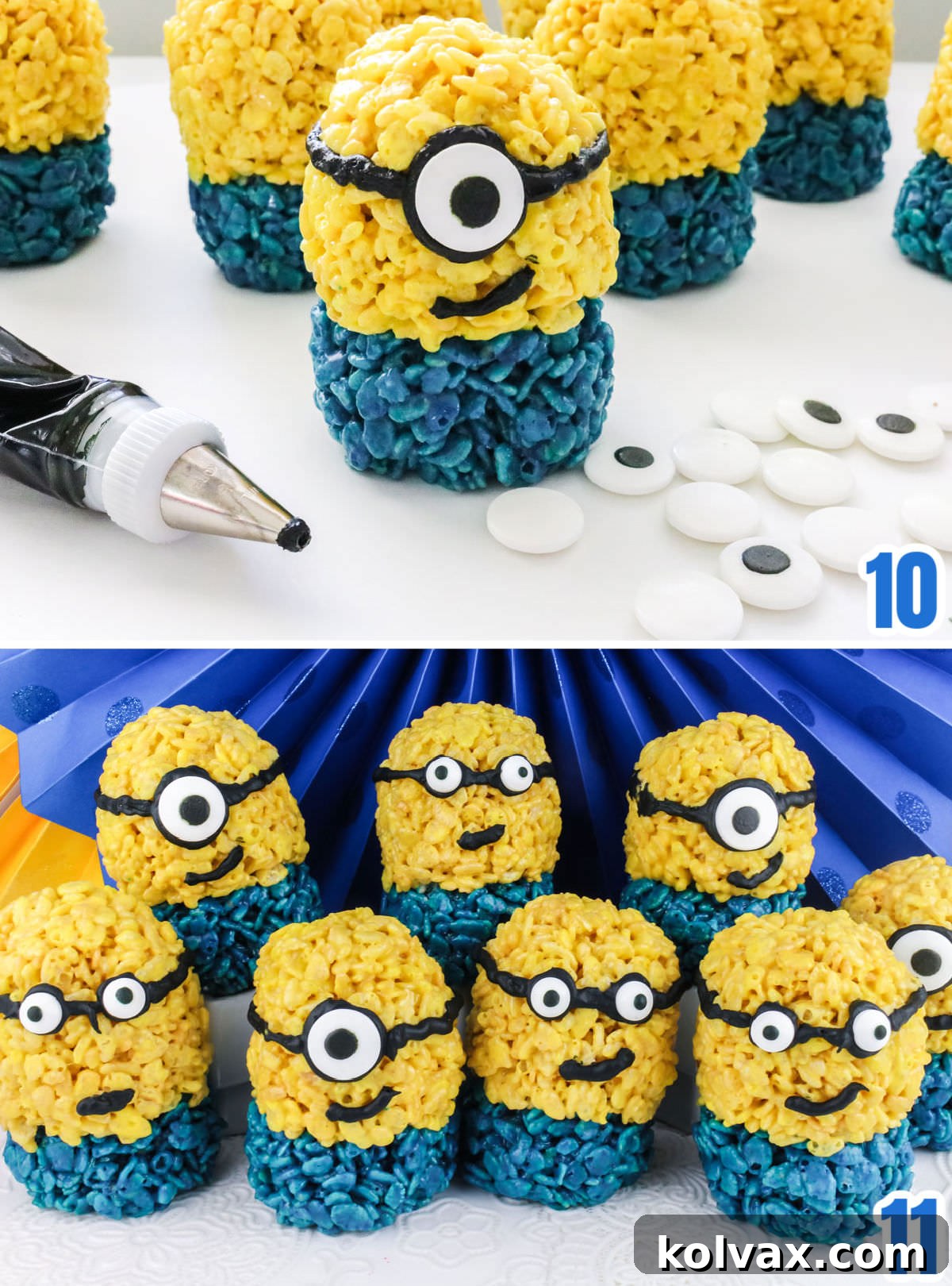 Eight decorated Despicable Me Minions Rice Krispie Treats on a white counter with a blue background.