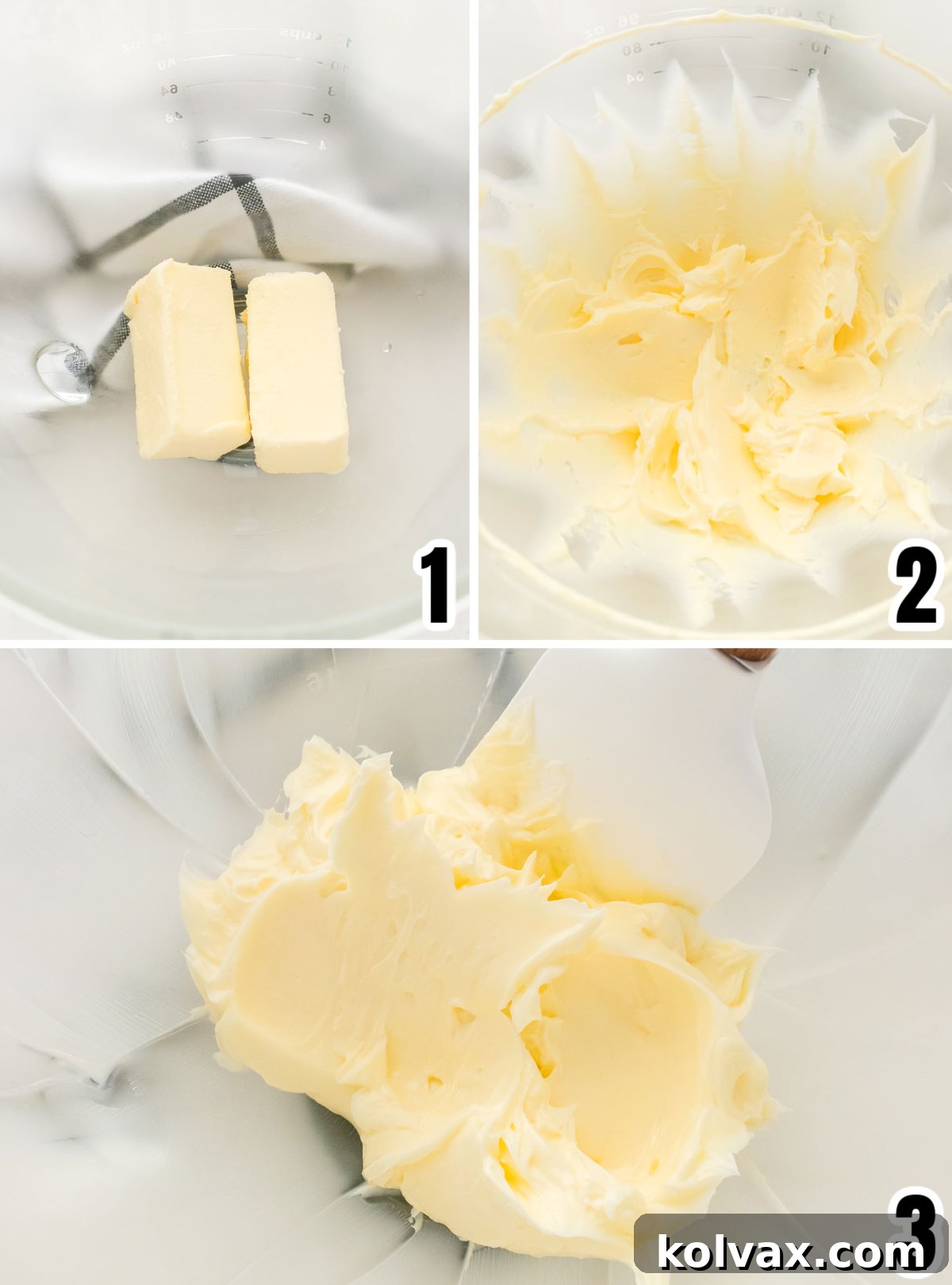 Collage image demonstrating the process of creaming butter with peppermint extract, highlighting the initial steps of frosting preparation.
