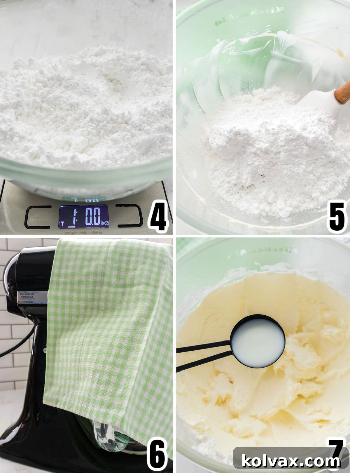 Collage image illustrating the systematic addition of powdered sugar into the Mint Chocolate Chip Buttercream Frosting mixture.