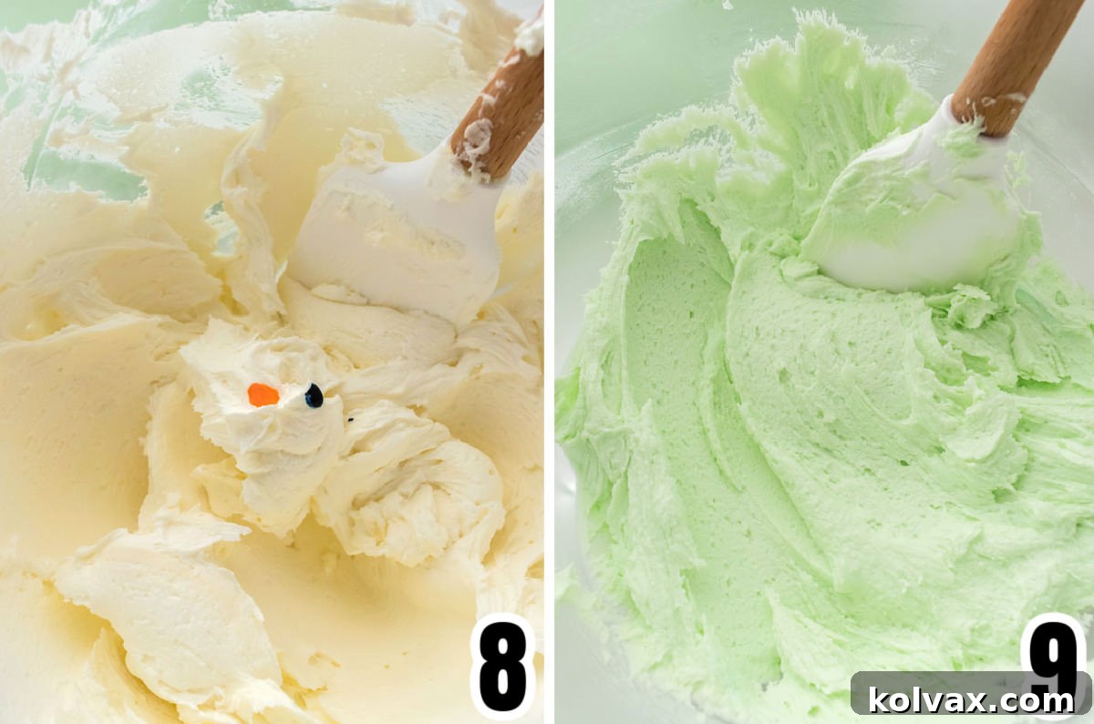 Collage image illustrating the process of adding food coloring to achieve a vibrant mint green hue for the frosting.