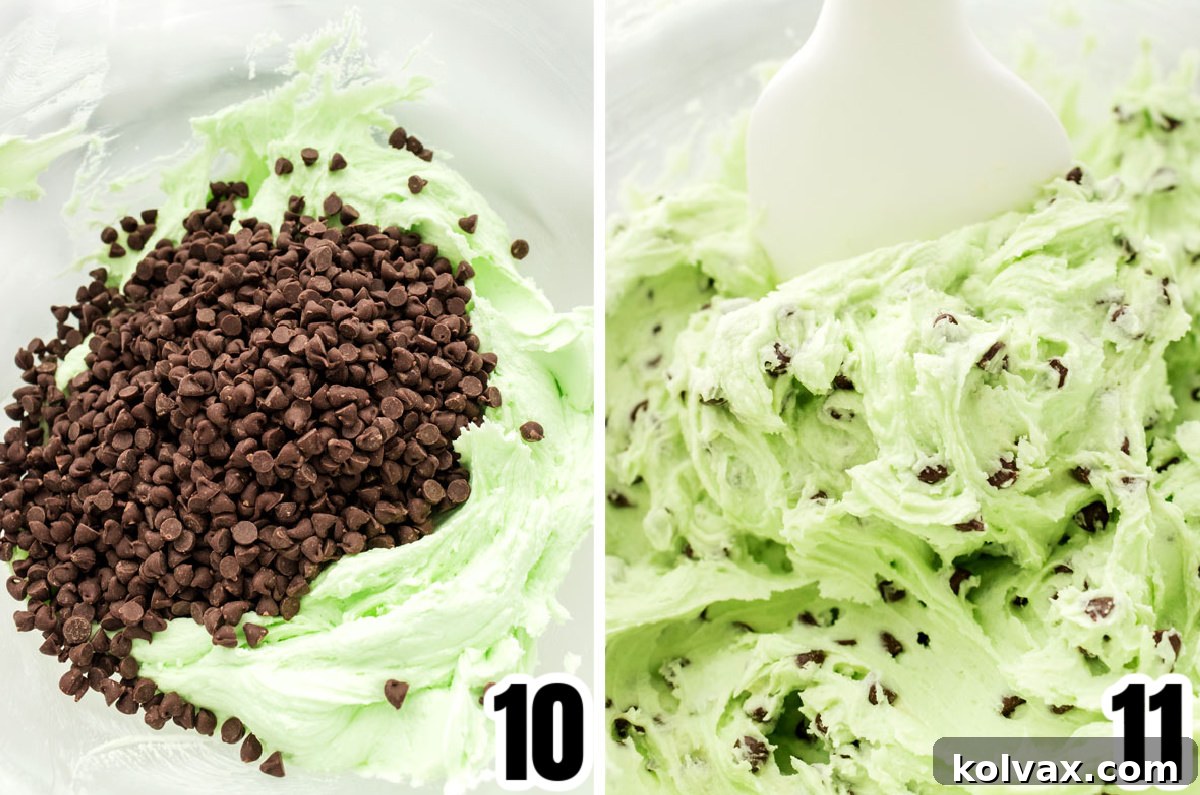 Collage image demonstrating the final steps of folding mini chocolate chips into the prepared mint green buttercream frosting.