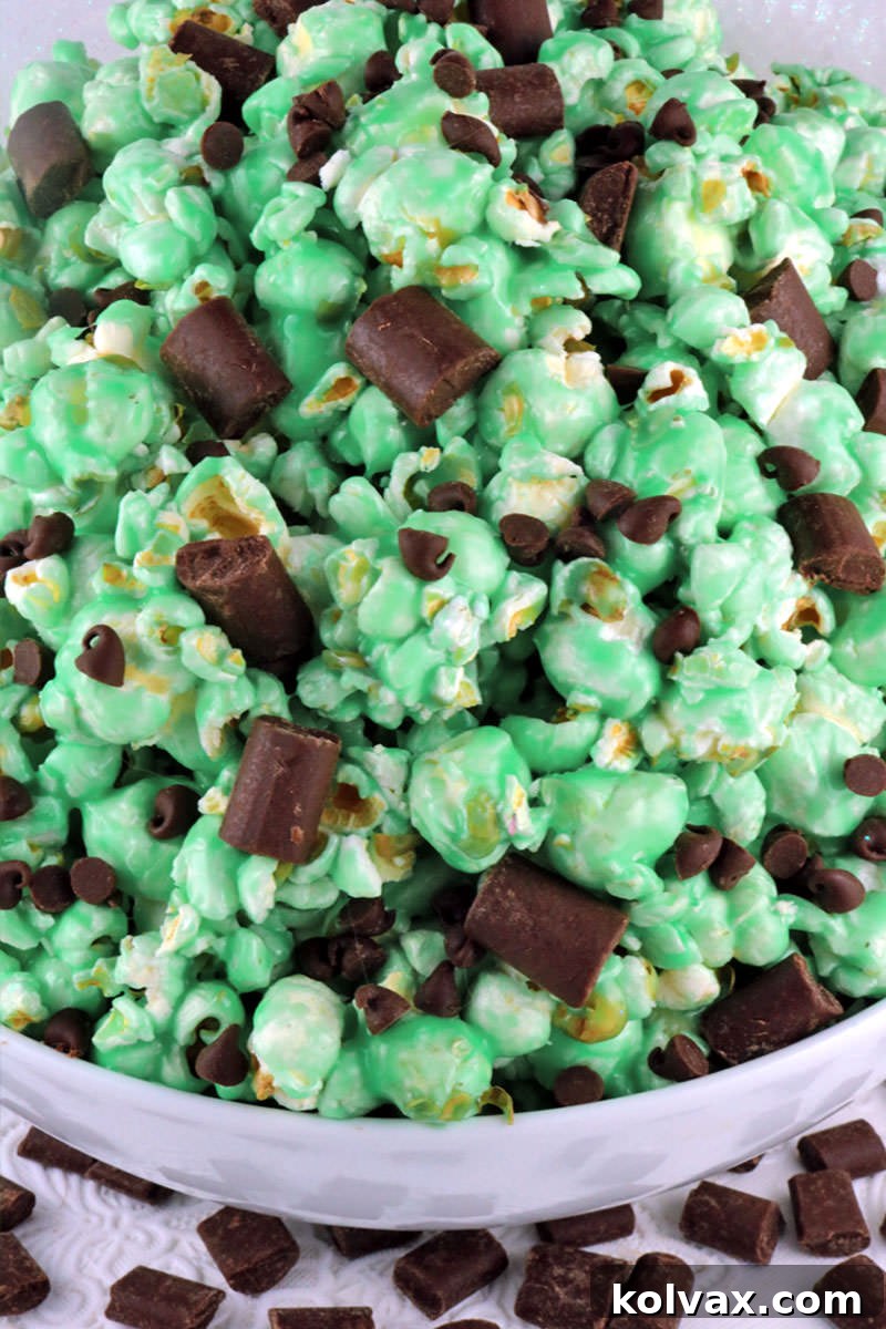 A large bowl filled with delicious Chocolate Mint Popcorn, perfect for sharing.