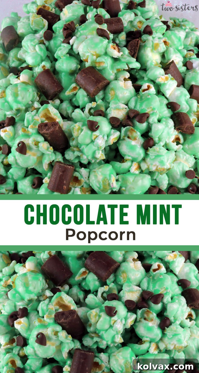 A close-up of a generous serving of Chocolate Mint Popcorn, highlighting the chocolate and minty marshmallow.