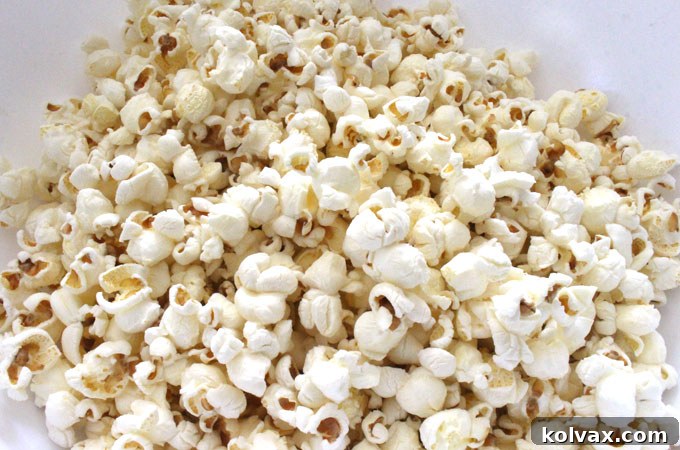 Perfectly popped and salted popcorn ready for its mint chocolate transformation.