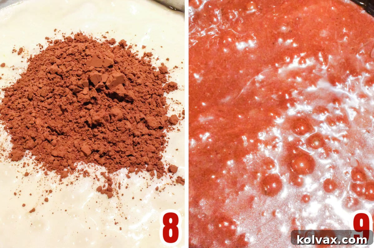 Decadent Pop 5 Collage image demonstrating how to incorporate cocoa powder into the melted marshmallow and butter mixture for a rich chocolate base.