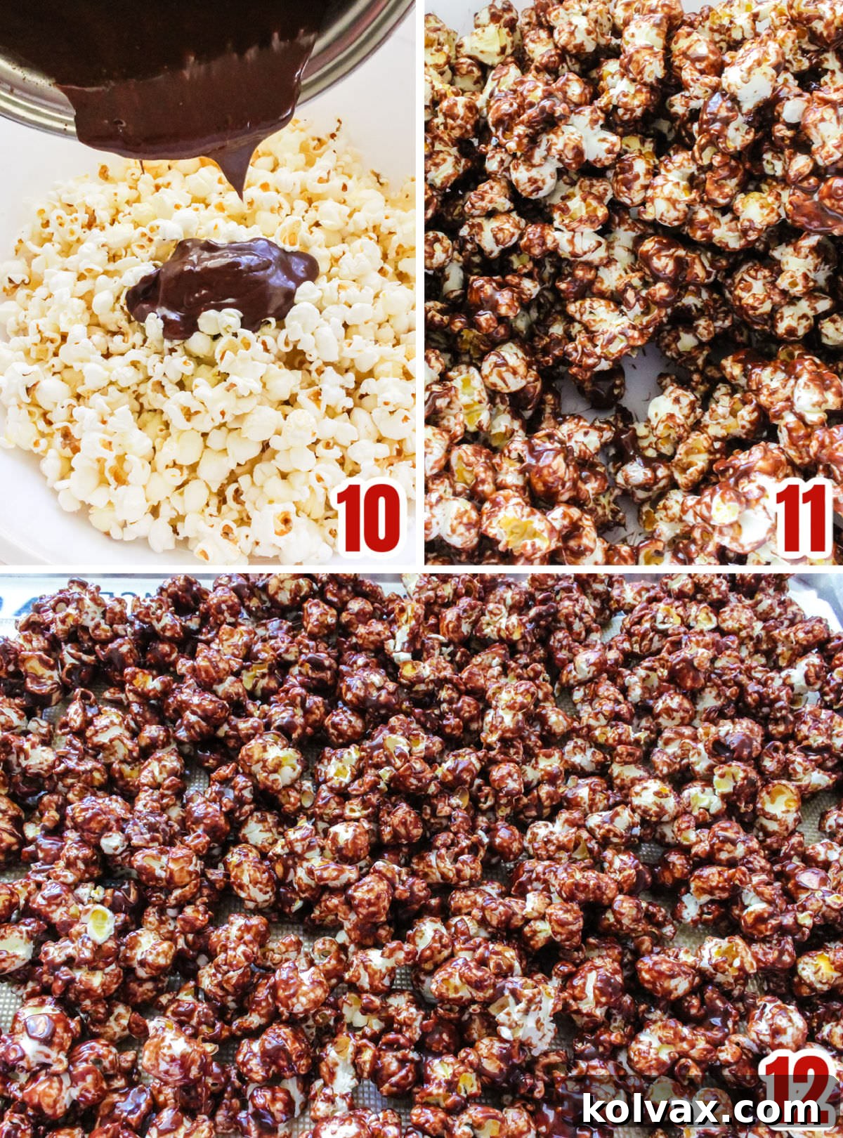 Decadent Pop 6 Collage image showing the process of gently folding the chocolate marshmallow mixture over the popped popcorn to ensure even coating.
