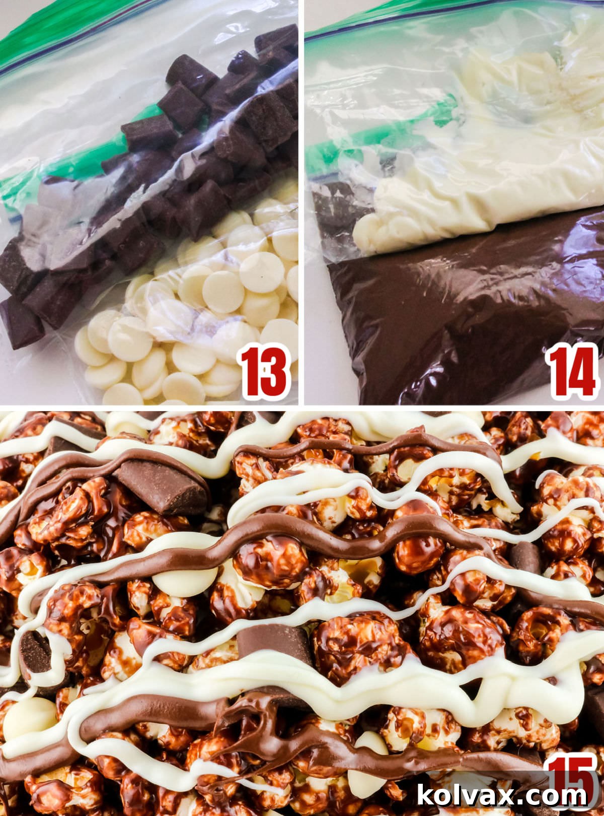 Decadent Pop 7 Collage image demonstrating how to drizzle melted dark and white chocolate over the cooled Chocolate Popcorn for a decorative and flavorful finish.