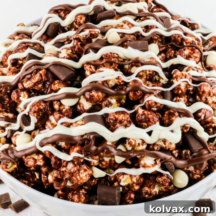 Decadent Pop 9 A beautiful bowl of Chocolate Popcorn, ready to serve as a delicious sweet and salty snack or dessert.