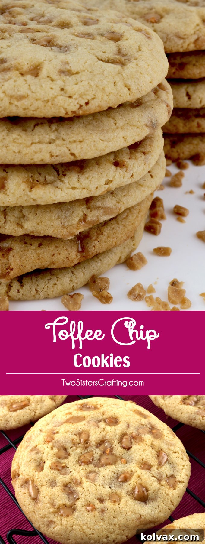 Close-up shot of a single Toffee Chip Cookie, showcasing its rich texture and melted caramel toffee bits.