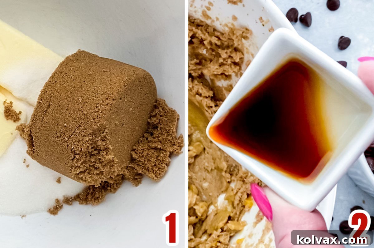 Ultimate Chocolate Chip Cookie Perfection 3 Collage image showing a mixing bowl with filled with granulated sugar and brown sugar and a close up of a ramekin filled with vanilla extract, highlighting key ingredients.
