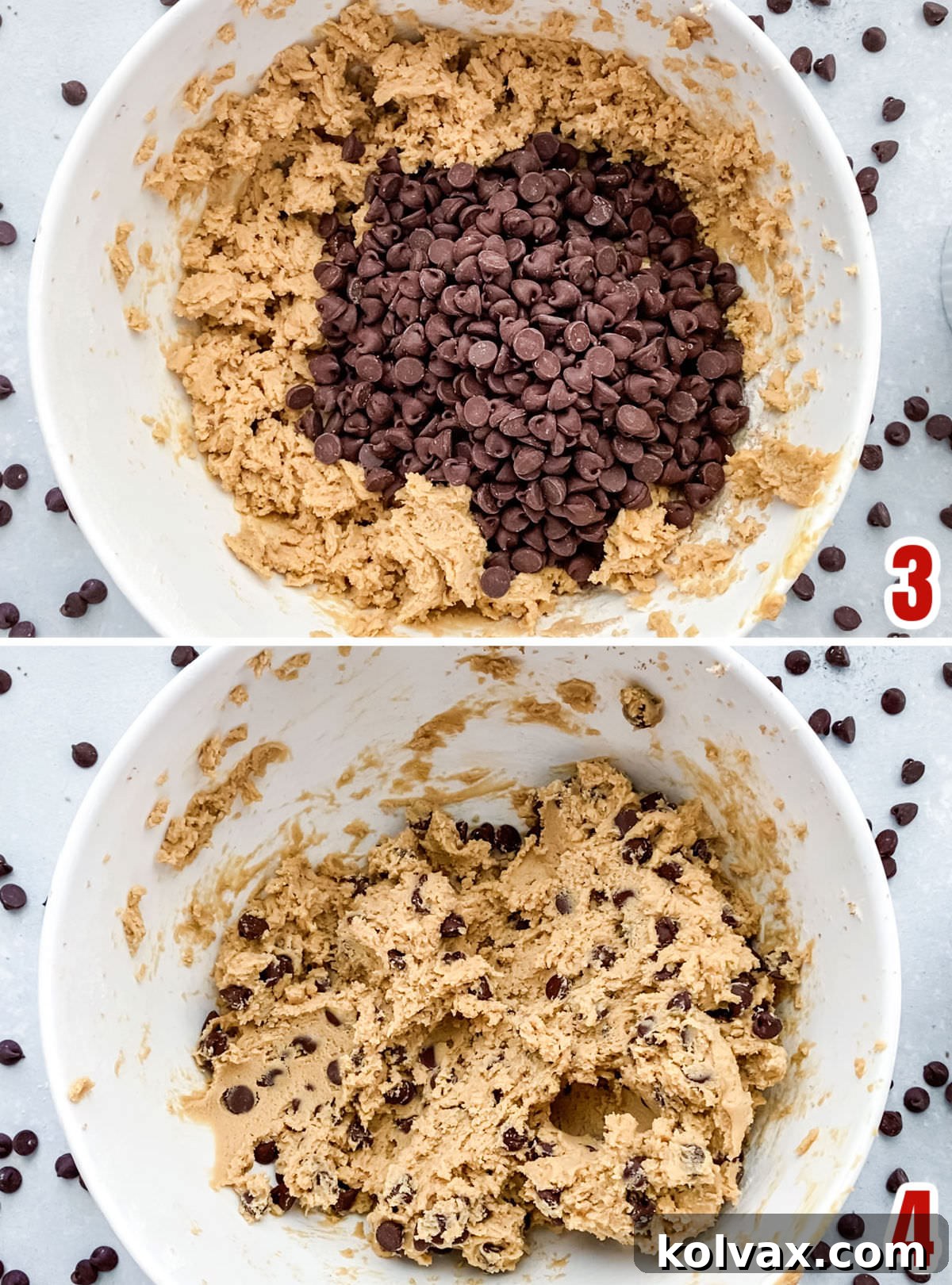 Ultimate Chocolate Chip Cookie Perfection 4 Collage image showing the steps for making the cookie dough for the Chocolate Chip Cookies, from creaming butter and sugar to folding in chocolate chips.