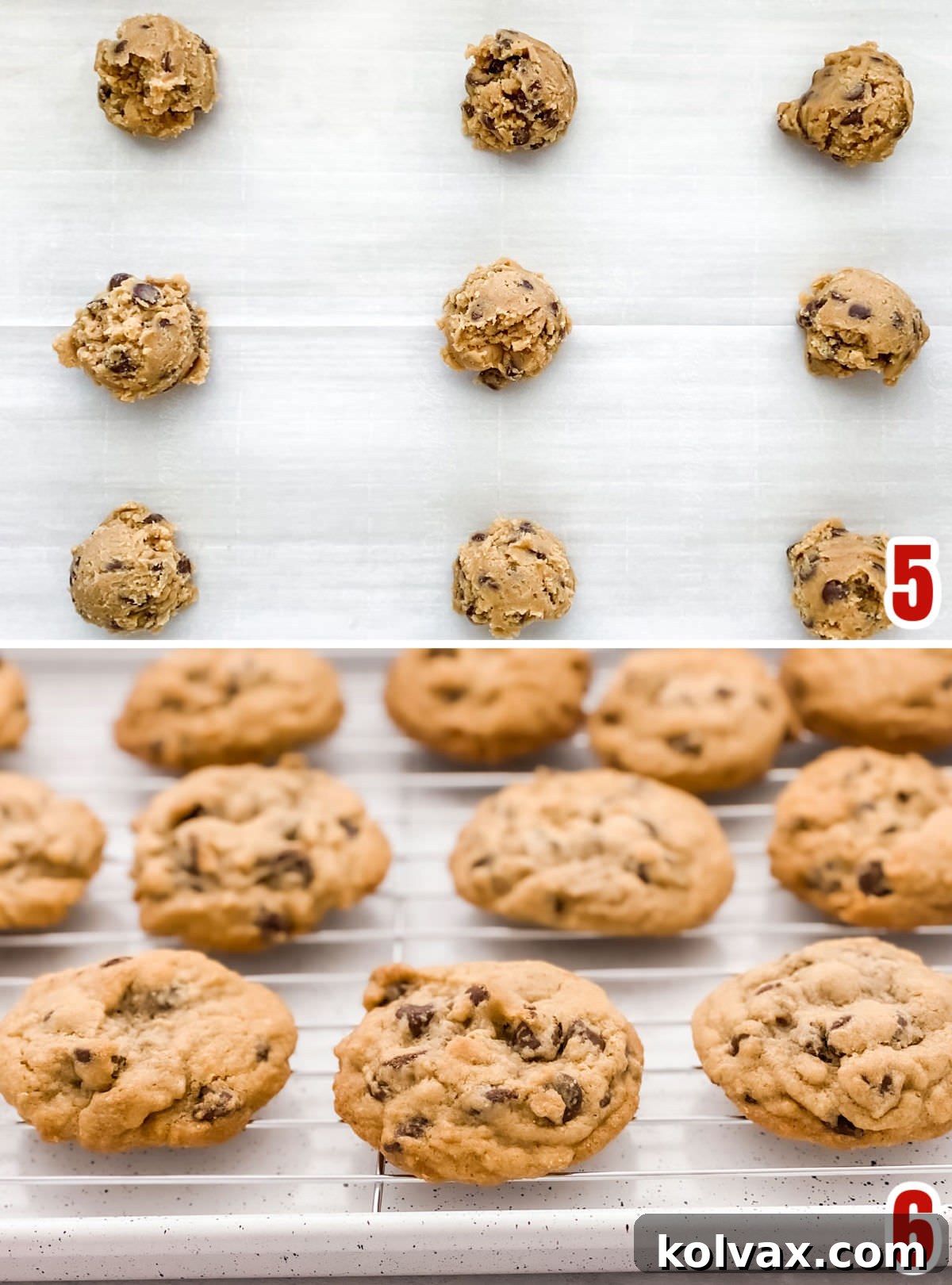 Ultimate Chocolate Chip Cookie Perfection 5 Collage image showing the Chocolate Chip Cookies before going into the oven and after they come out of the oven, perfectly golden and ready to enjoy.