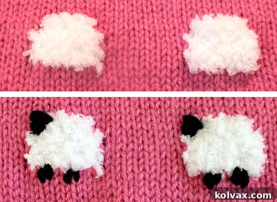 Embroidering the faces and legs on the knitted sheep