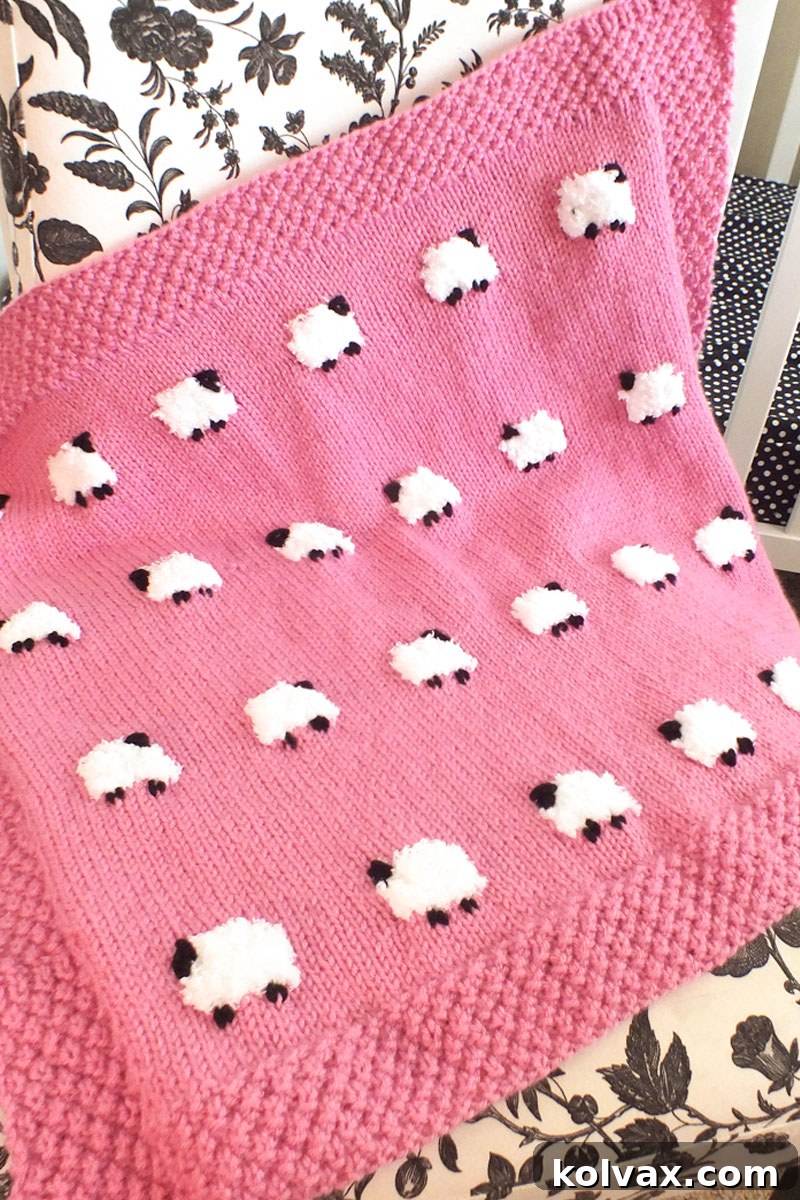 Finished Sheep Baby Blanket: A beautiful, detailed view of the knitted design