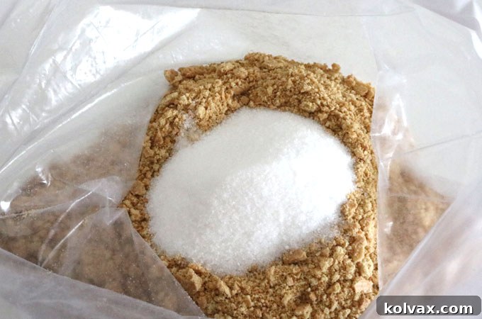 Finely crushed graham cracker crumbs, showing a pleasing mix of textures, with granulated sugar added into the plastic bag.