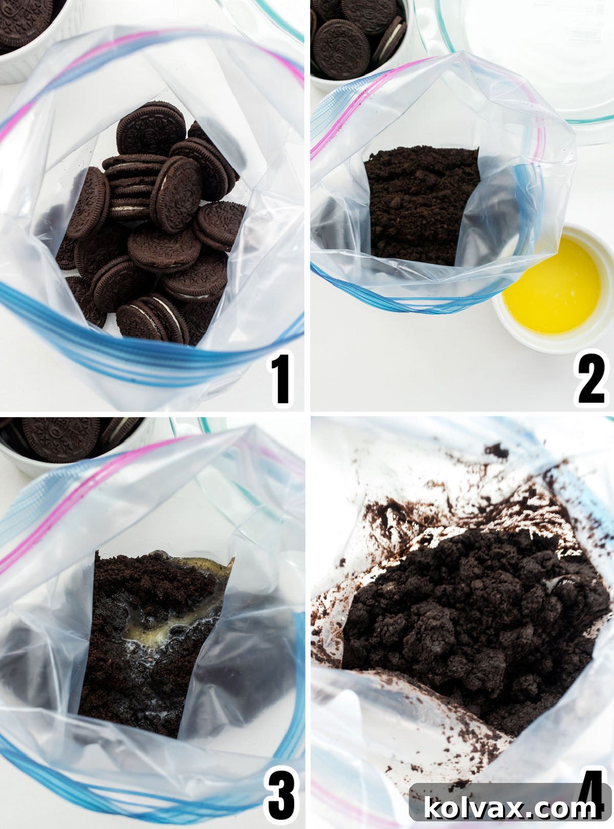 A collage demonstrating the initial steps: crushing Oreo cookies with a rolling pin and then mixing them with melted butter inside a plastic bag to form the crust mixture.
