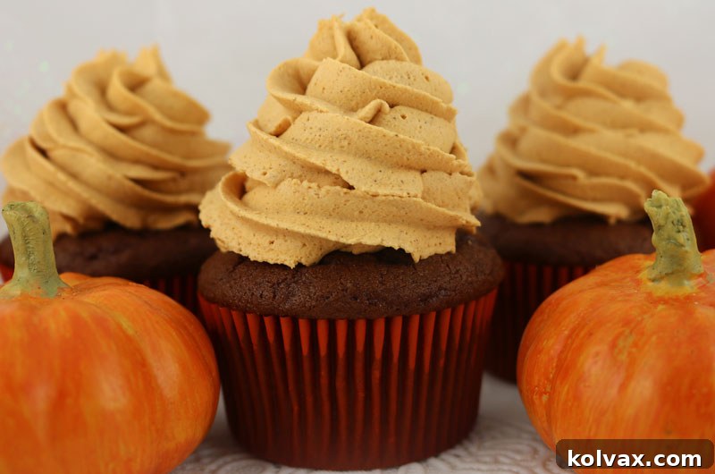 Light and airy Pumpkin Spice Whipped Cream Frosting piped beautifully on a cupcake, ready for fall cakes and Thanksgiving desserts. The frosting holds its shape perfectly, promising a delightful treat.