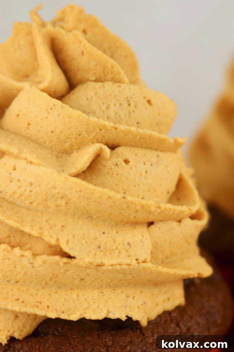 Beautifully piped pumpkin spice whipped cream frosting on a cupcake, demonstrating its excellent hold and fluffy texture for elegant decorating.