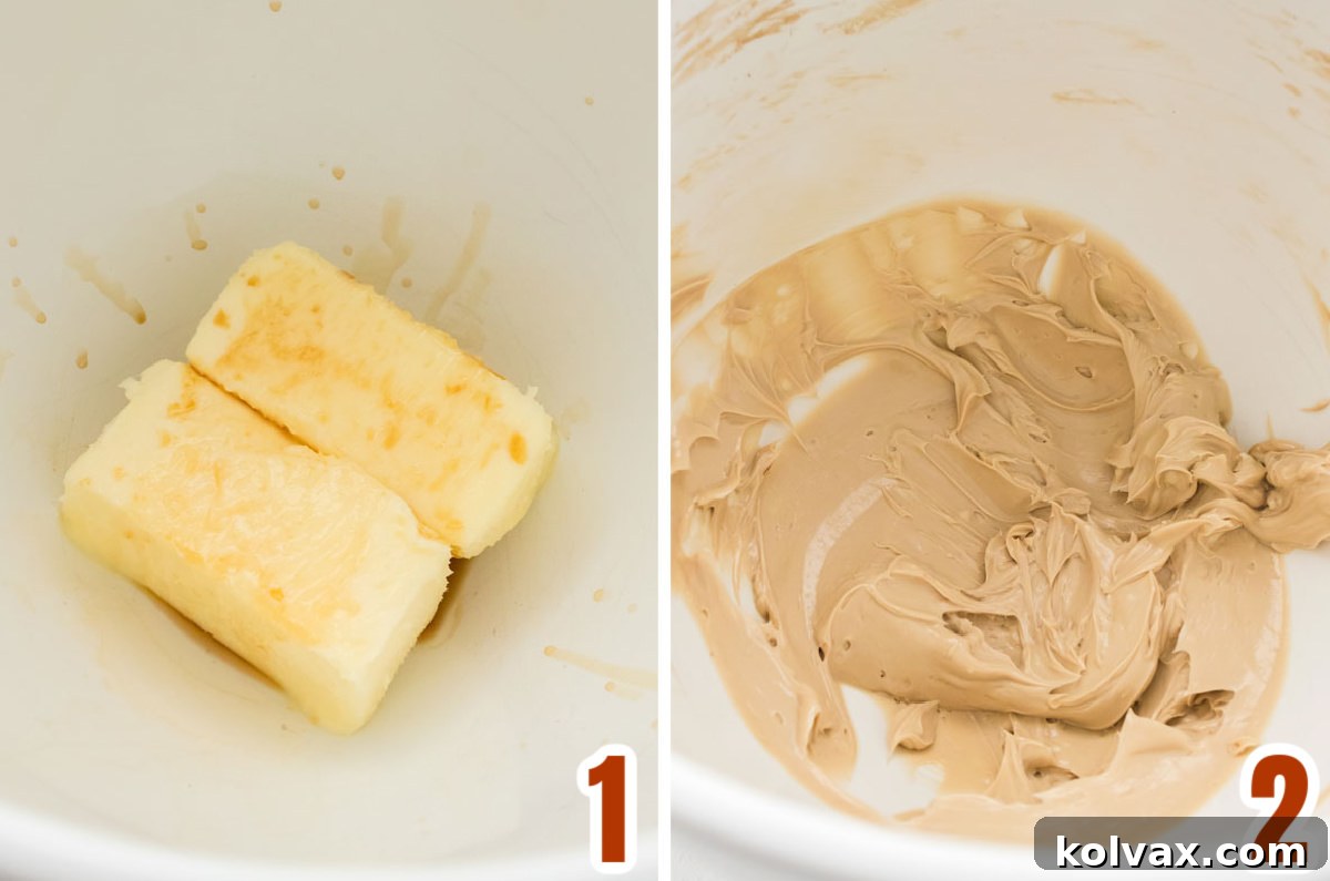 Collage image showing the steps for adding the vanilla and the maple flavoring to the butter to make the frosting.