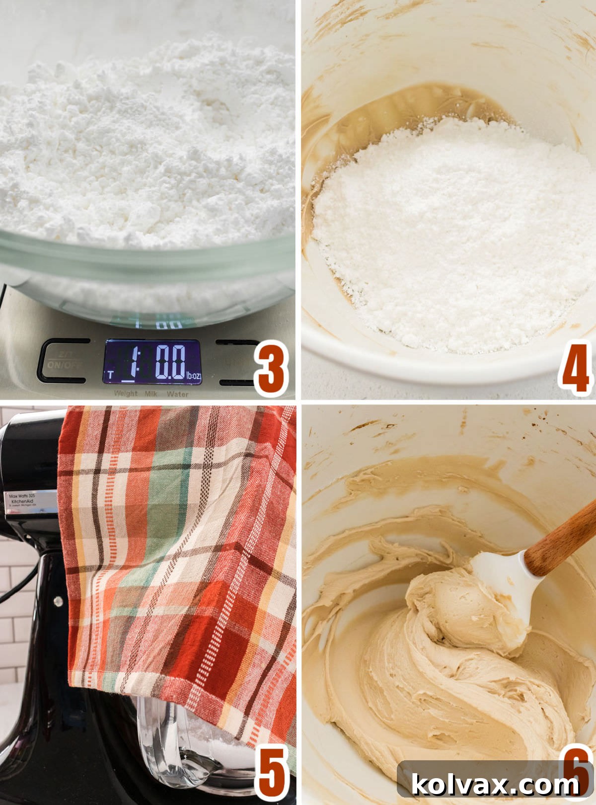 Collage image showing the steps for adding the powdered sugar to the maple frosting.