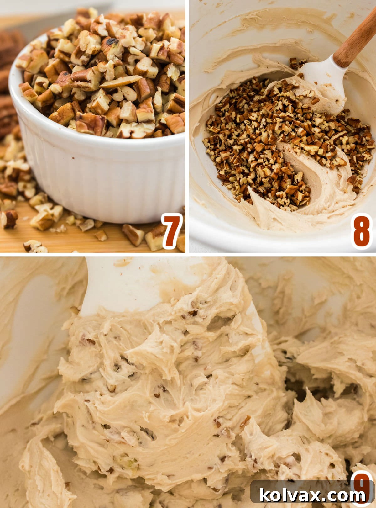 Collage images showing the steps for chopping pecans and adding them to the maple frosting.