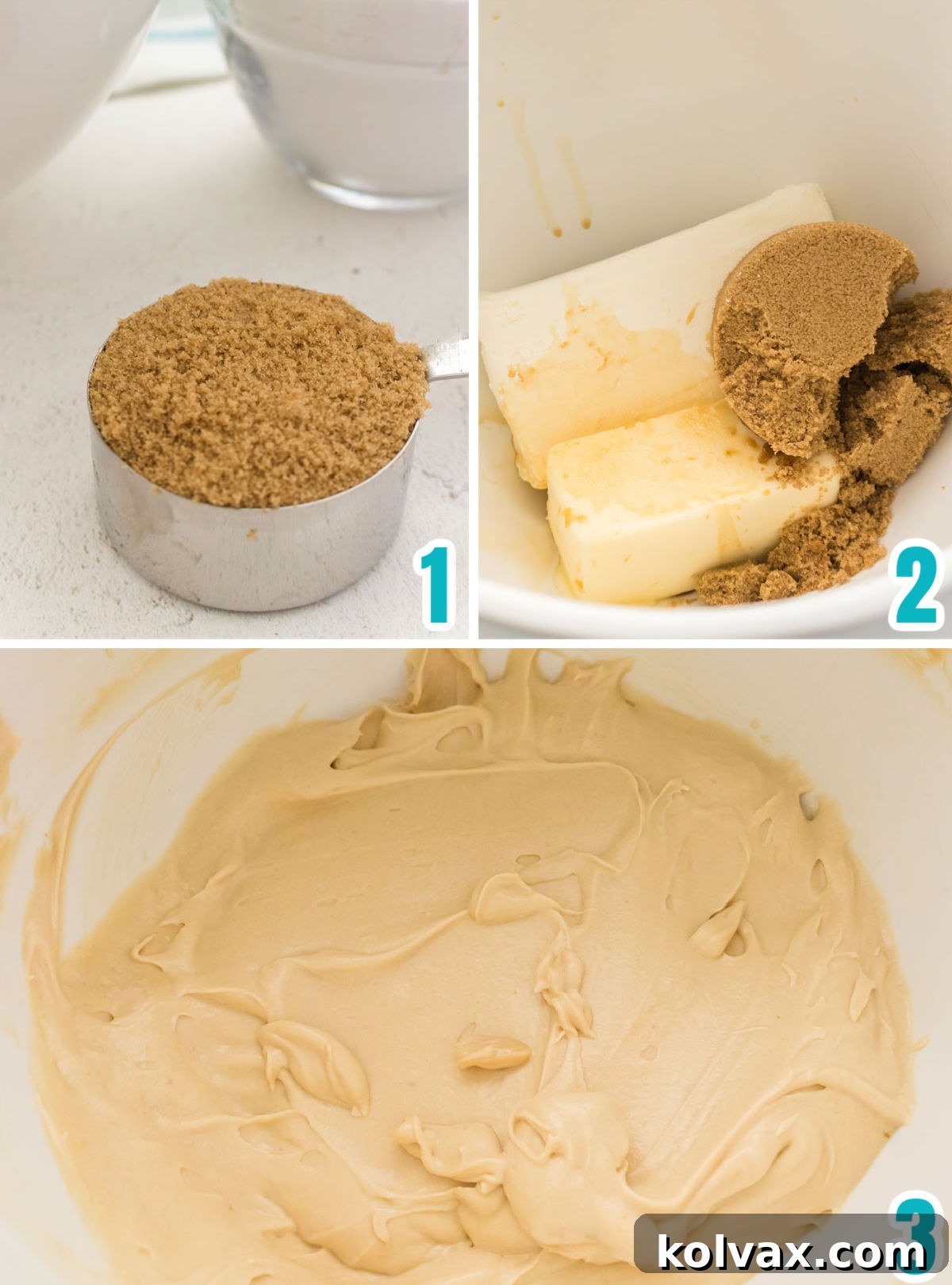 Heavenly Brown Sugar Cream Cheese Frosting 3 A visual collage illustrating the initial steps of frosting preparation: mixing softened butter, cream cheese, vanilla extract, and brown sugar until thoroughly combined and creamy.
