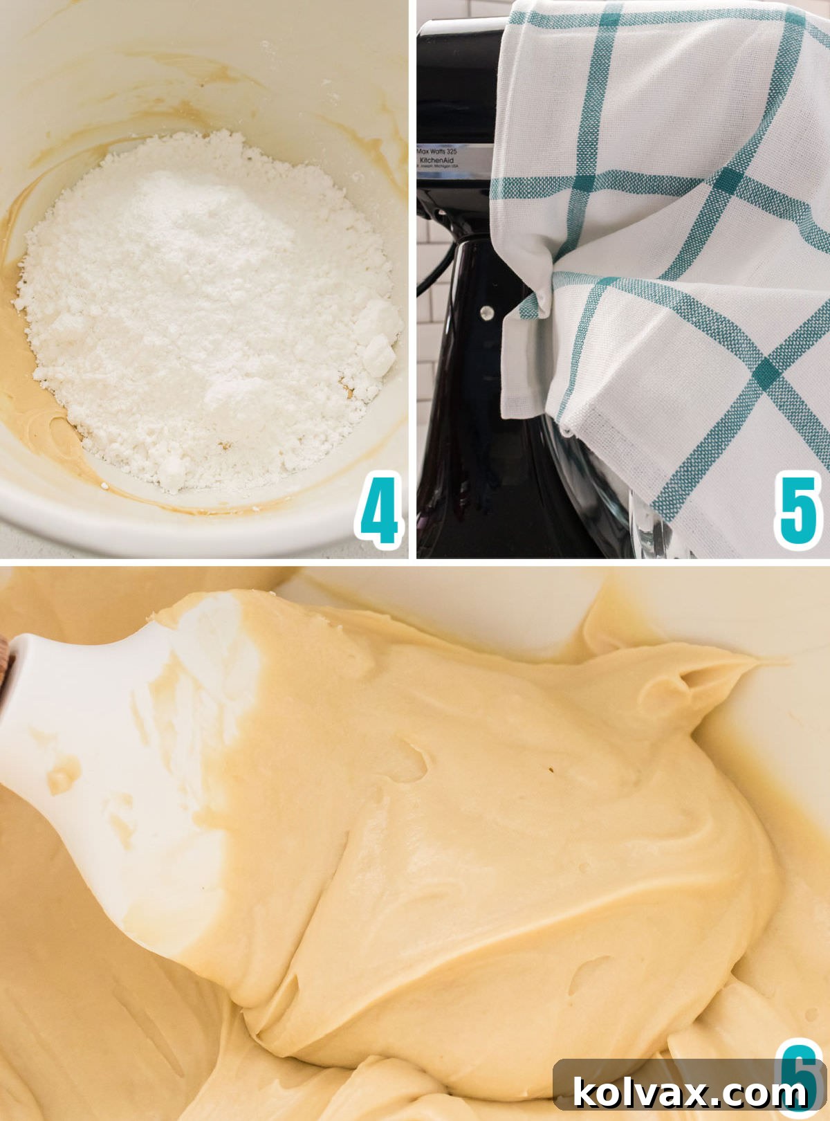 Heavenly Brown Sugar Cream Cheese Frosting 4 A visual collage illustrating the subsequent steps of frosting preparation: gradually adding powdered sugar to the butter and cream cheese mixture, then mixing thoroughly.