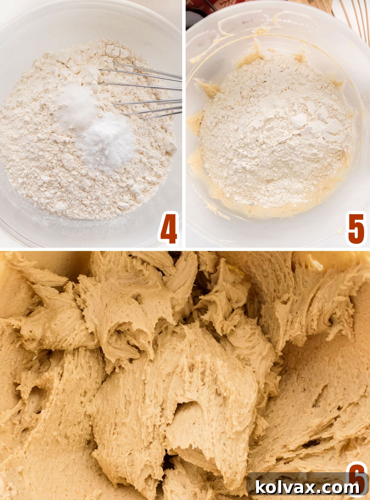 A detailed collage illustrating the process of gradually adding dry ingredients—flour, baking soda, and salt—into the wet cookie dough mixture, ensuring thorough but gentle combination to achieve the perfect consistency.