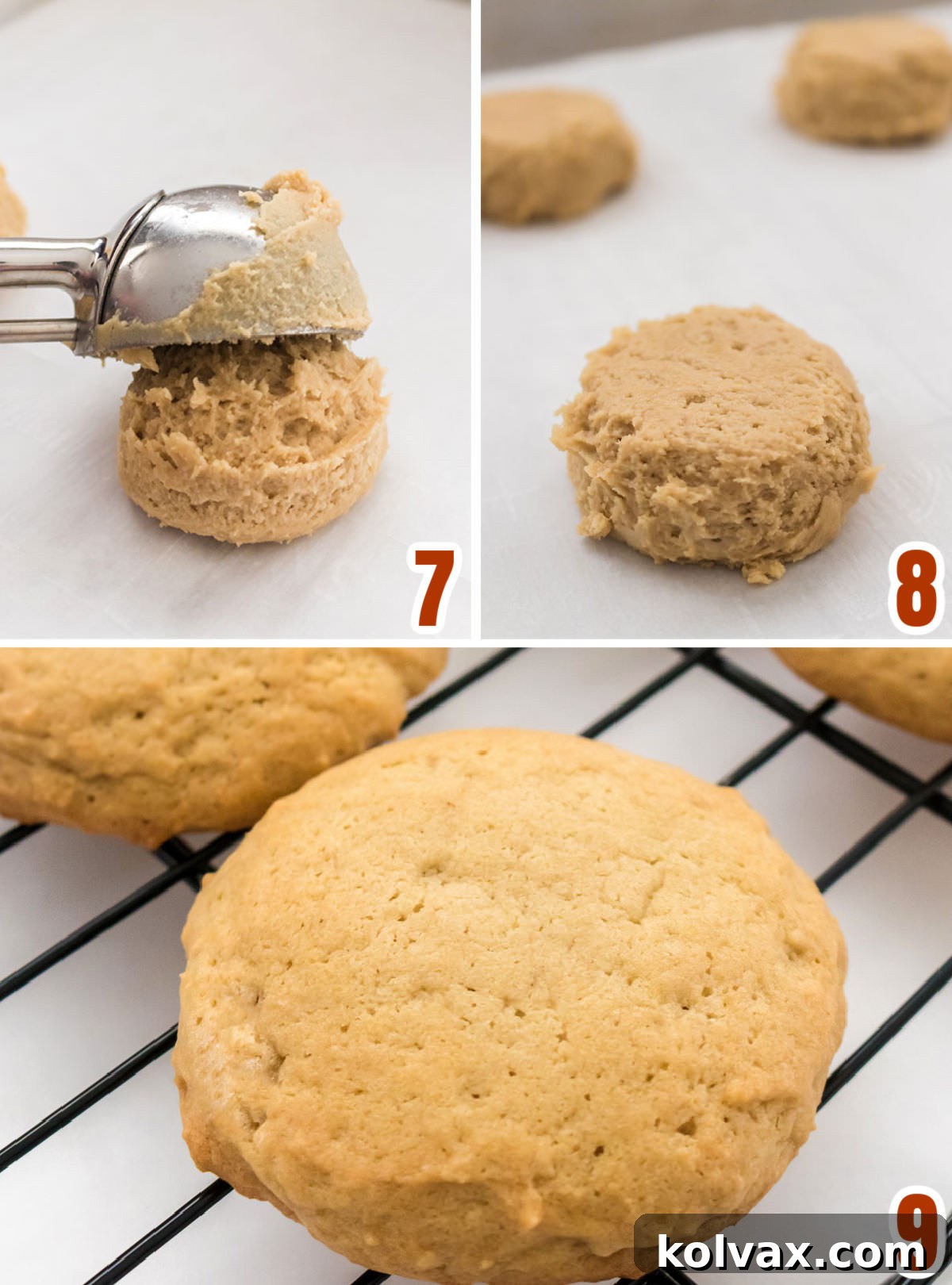 A sequence of images detailing the steps for baking Maple Cookies: scooping dough onto parchment-lined sheets, gently pressing them down, and the final golden-brown cookies fresh out of the oven, cooling.