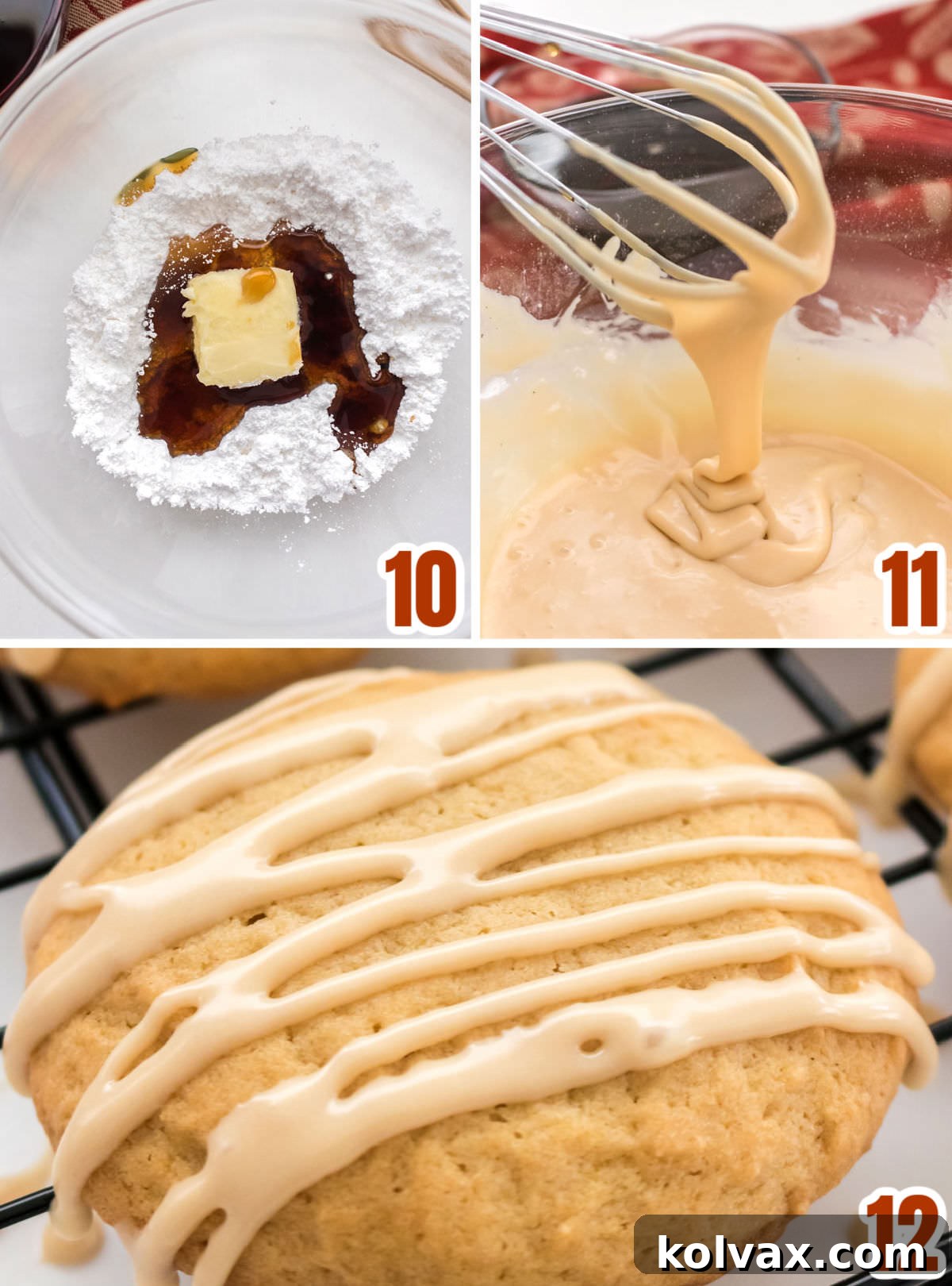 A sequential collage showing the easy steps to prepare the creamy Maple Icing for the cookies. This includes combining ingredients in a bowl, whisking to a smooth consistency, and drizzling the finished glaze over freshly baked maple cookies.