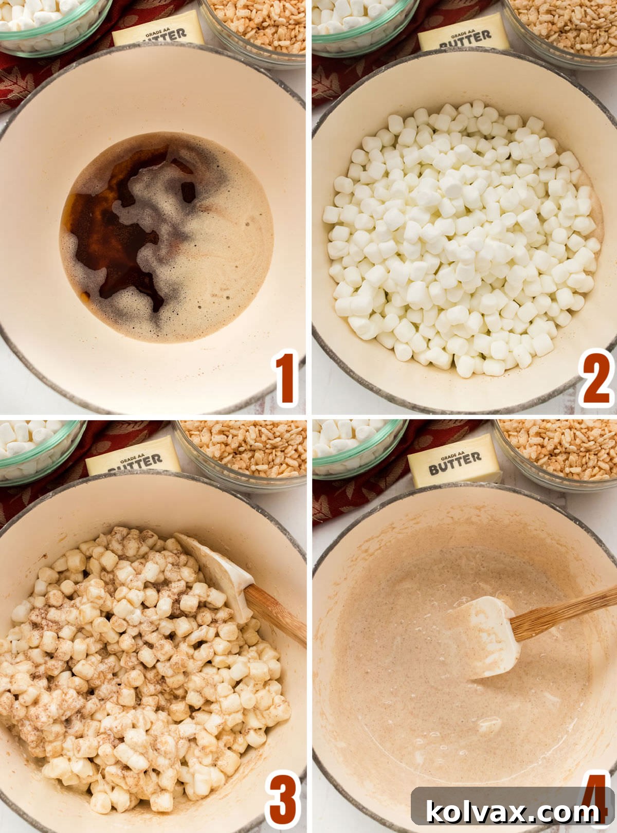 Collage image showing how to make the Brown Butter Marshmallow mixture for the Pumpkin Spice Rice Krispie Treats.