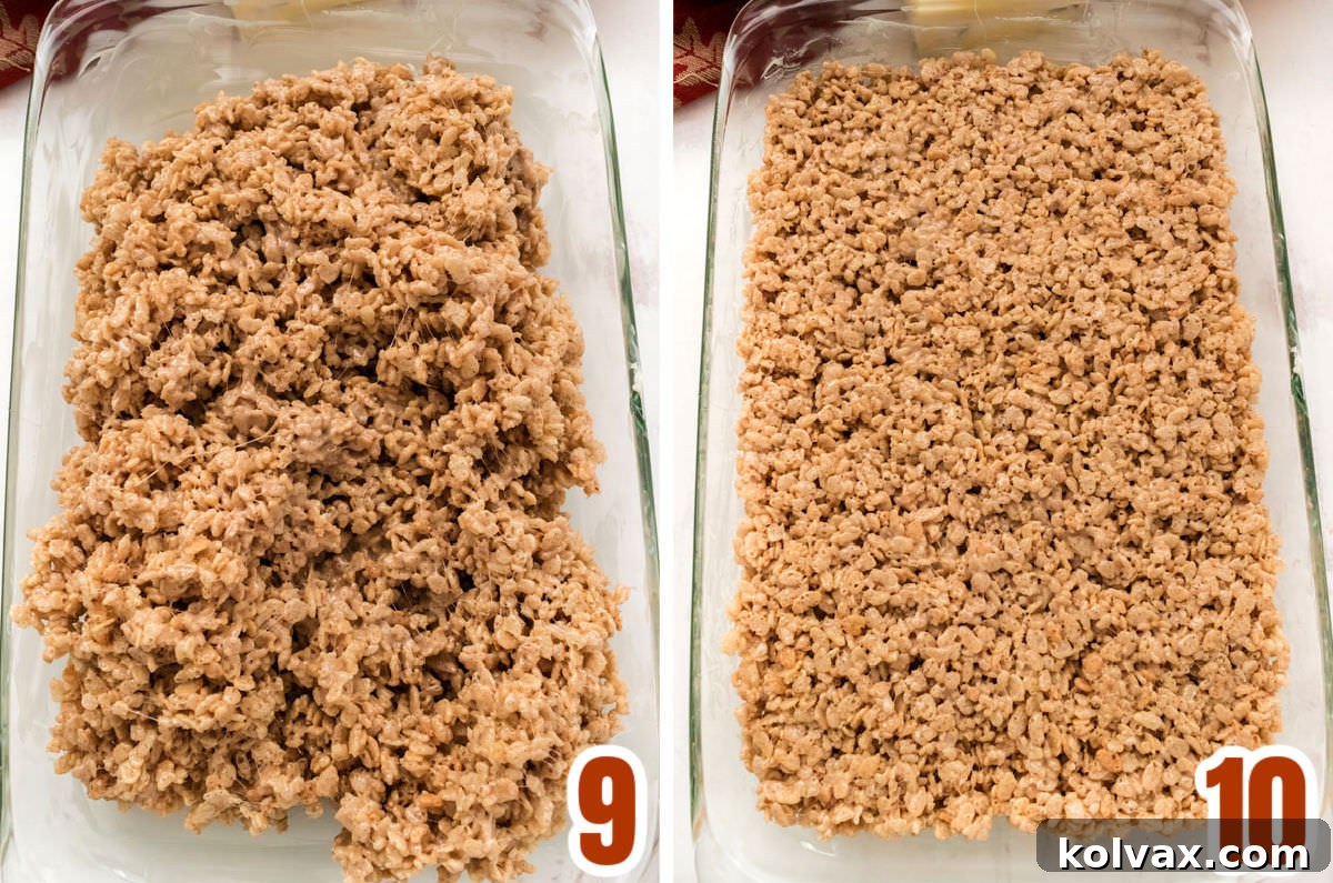 Collage image showing how to press the mixture into the 9x13" pan.