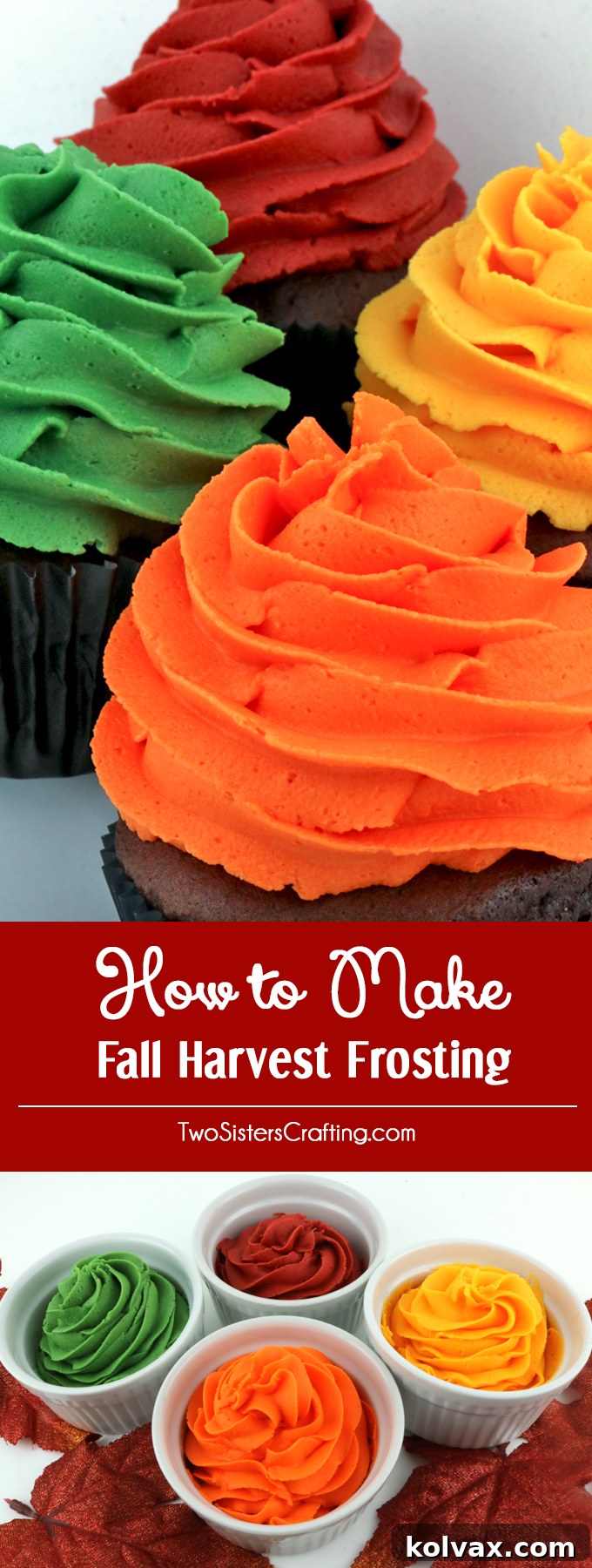 How to Make Fall Harvest Frosting - use our formula to make delicious and gorgeous Fall Harvest colored frosting for Fall and Thanksgiving desserts. Burgundy, Sage, Gold and Orange Frosting couldn't be easier with our delicious Buttercream Frosting recipe and our tried and true food coloring formulas. Turn your Fall treats and Thanksgiving desserts from fine to spectacular with our Fall Harvest icing recipes. Pin this Thanksgiving Frosting Recipe for later and follow us for more great Thanksgiving Food ideas.