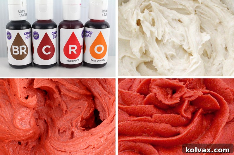 Step-by-step guide to mixing deep burgundy frosting. Learn how to combine Crimson, Red, Brown, and Orange food colorings to achieve a rich, non-pink burgundy for your autumn baking projects. Watch the color deepen overnight.
