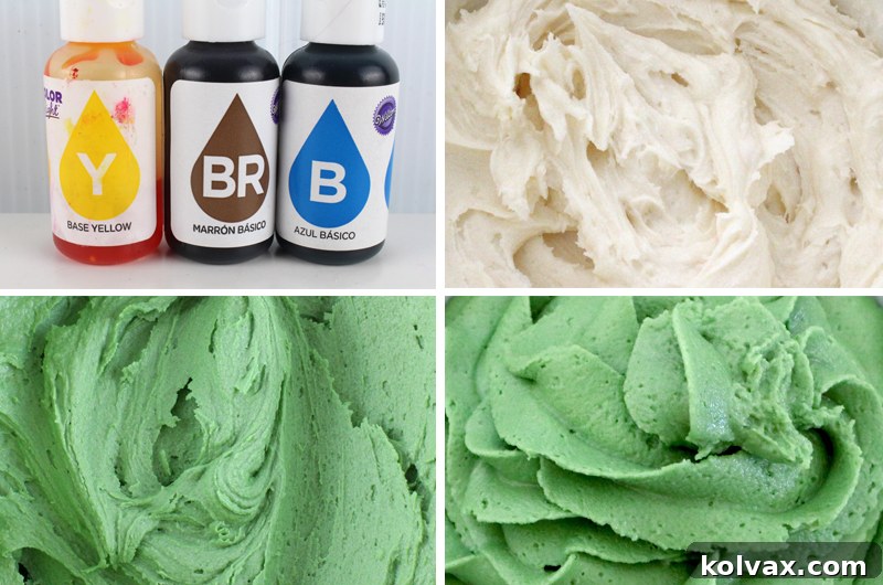 Step-by-step instructions for mixing Fall Harvest Sage Frosting. Learn to combine Yellow, Blue, and Brown Wilton Color Right food colorings for an ideal earthy green hue. Observe how the color gracefully deepens over time for a perfect autumn finish.