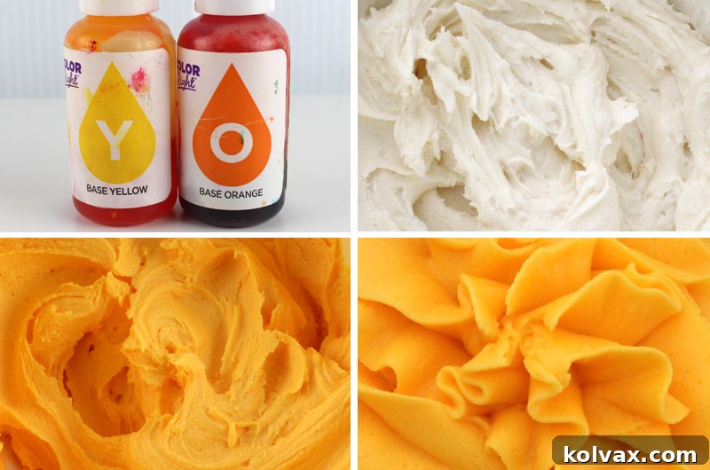 Step-by-step guide to mixing Fall Harvest Gold Frosting. Combine Yellow and Orange Wilton Color Right food colorings for a radiant, shimmering gold buttercream. Adjust for desired depth and achieve perfect autumn dessert decorations.