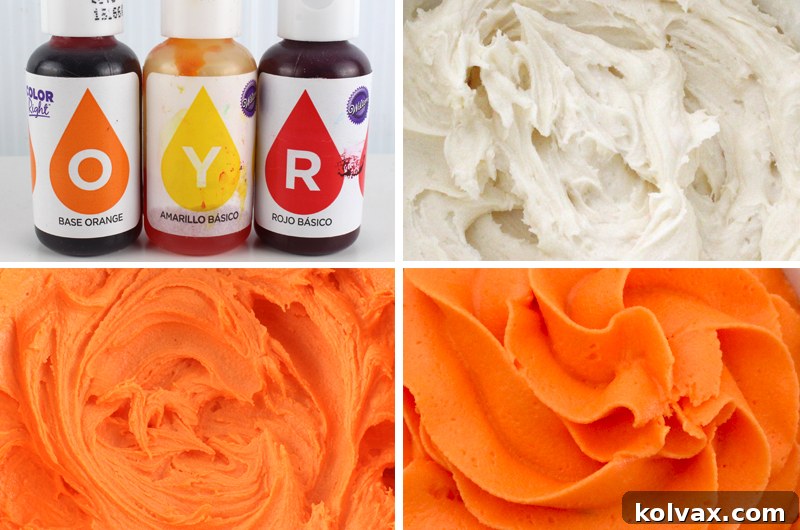 Step-by-step guide to mixing vibrant Fall Harvest Orange Frosting. Combine Orange, Yellow, and Red Wilton Color Right food colorings for a rich, deep, and natural autumn orange buttercream. Witness the color deepen overnight for optimal results.