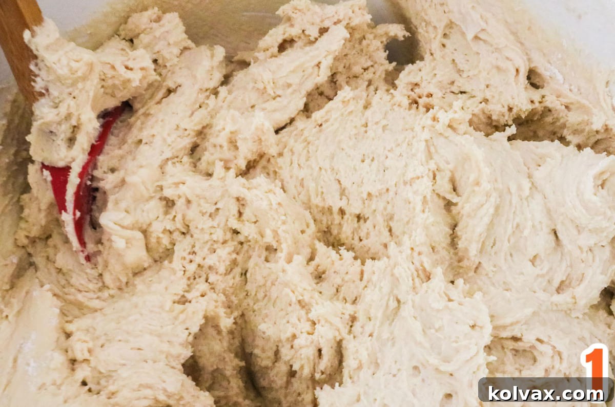 Closeup on a white mixing bowl filled with Chocolate Chip Cookie dough and a red snow.