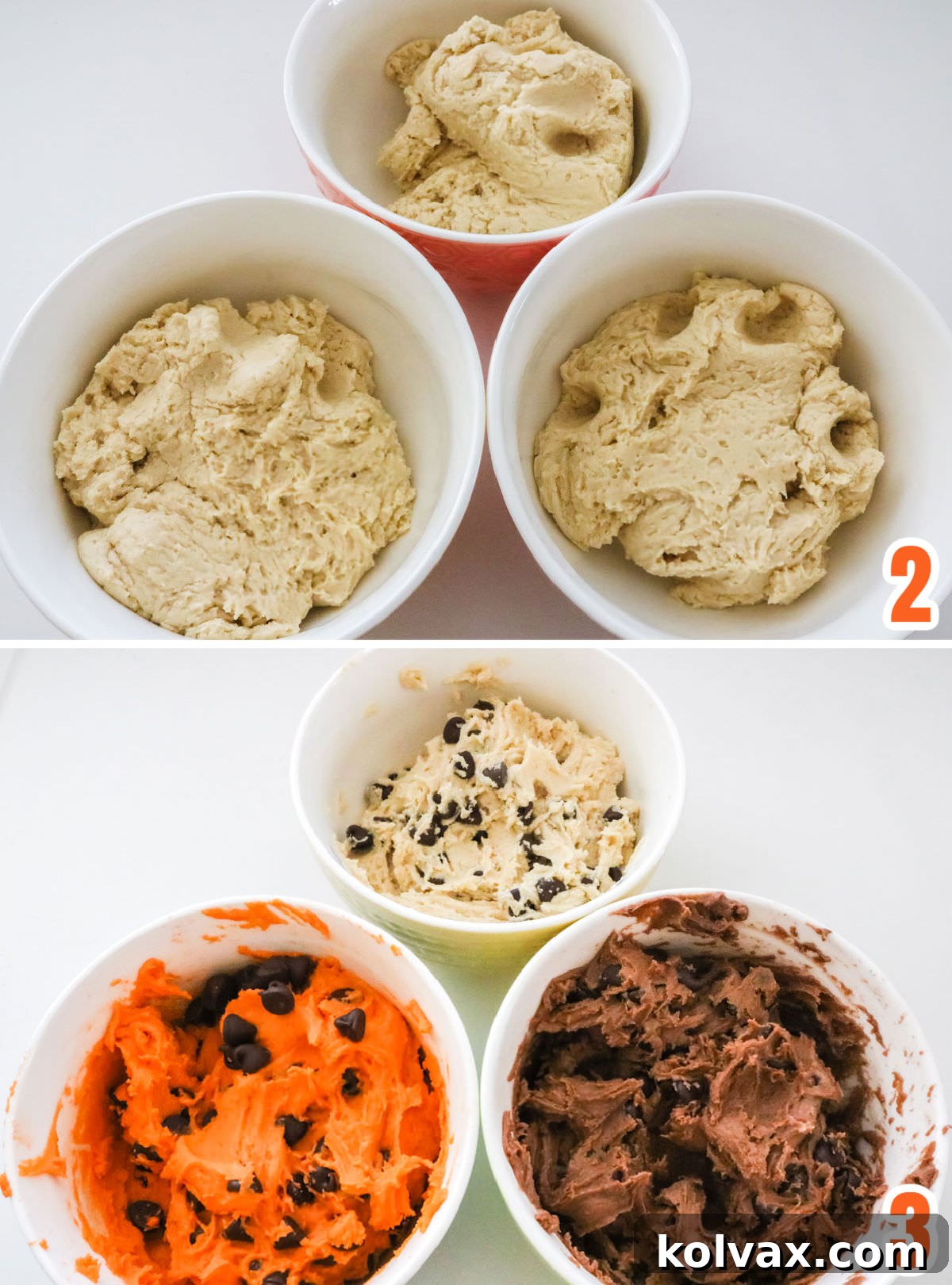 Collage image showing how to separate the cookie dough and color it orange, brown and white.