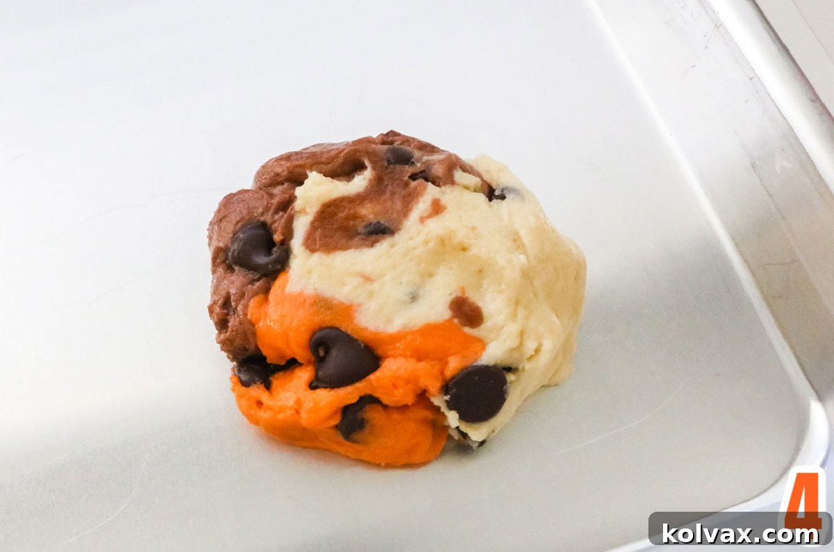 Closeup on a Marble Chocolate Cookie on a cookie sheet before it goes into the oven.