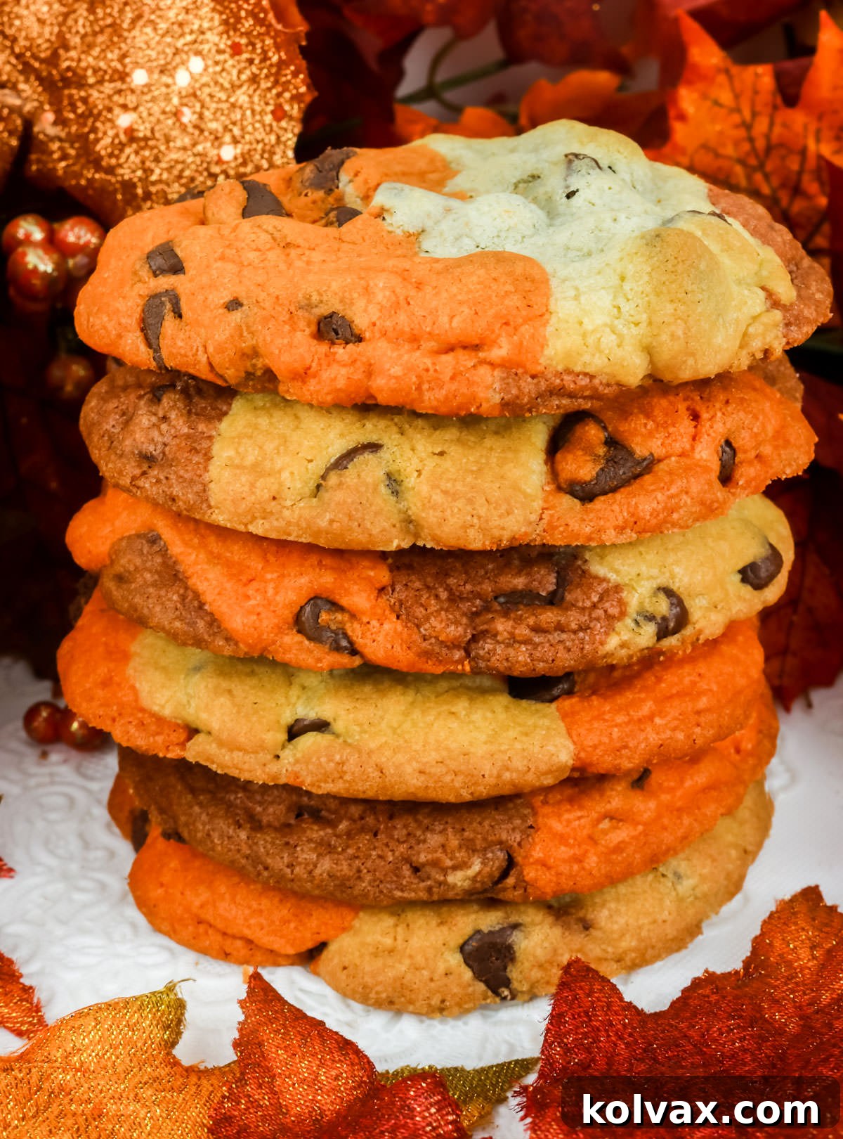 Closeup on a stack of Harvest Marble Chocolate Chip Cookies.