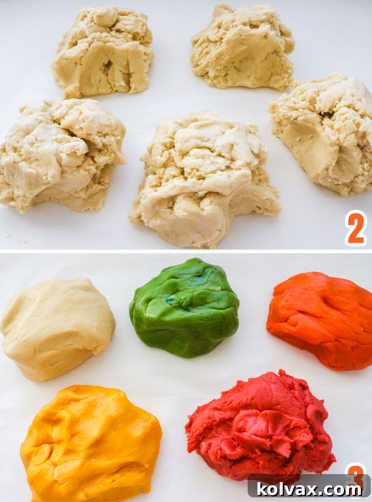 Marbled Harvest Sugar Cookie Bars 4 A collage demonstrating the process of dividing and coloring portions of sugar cookie bar dough into various fall shades.