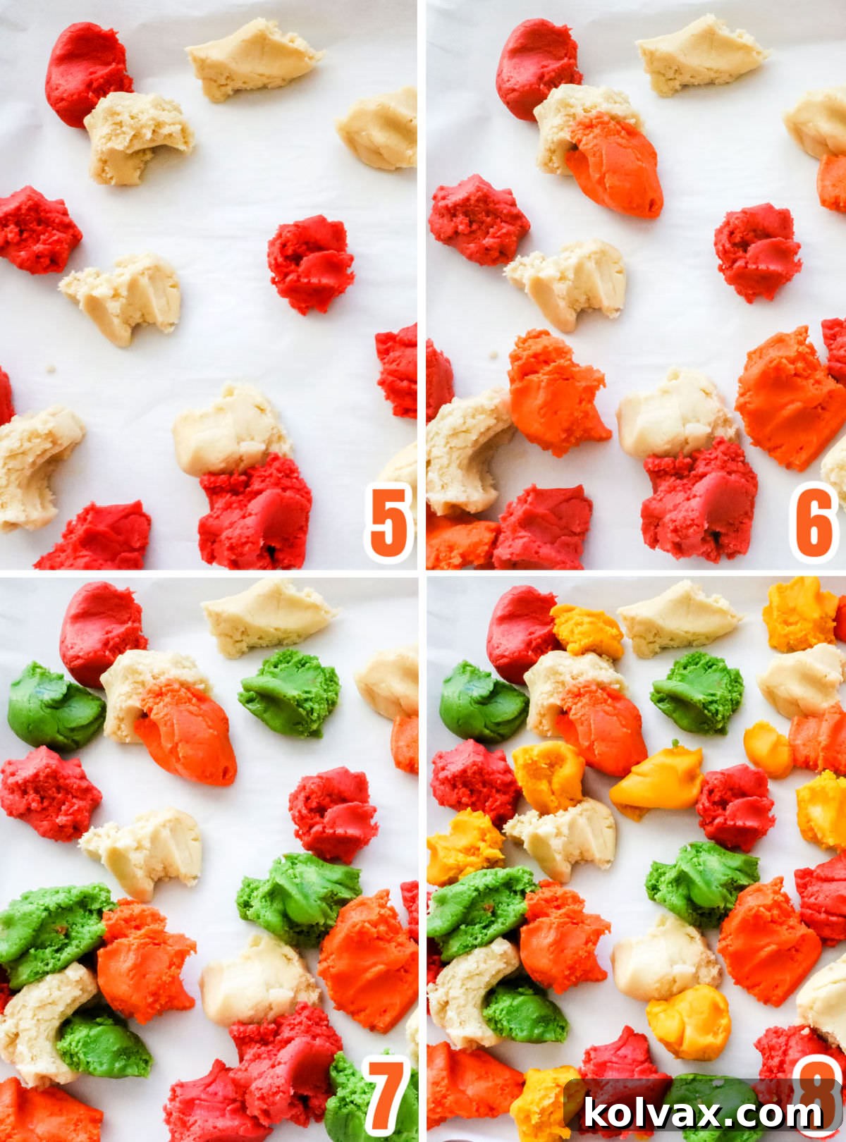 Marbled Harvest Sugar Cookie Bars 6 A series of images showing the various colored sugar cookie dough pieces being added to the cookie sheet to create the marbling effect.